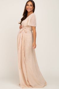 Cream Metallic Shimmer Chiffon Maternity Maxi Dress sold by Pinkblush