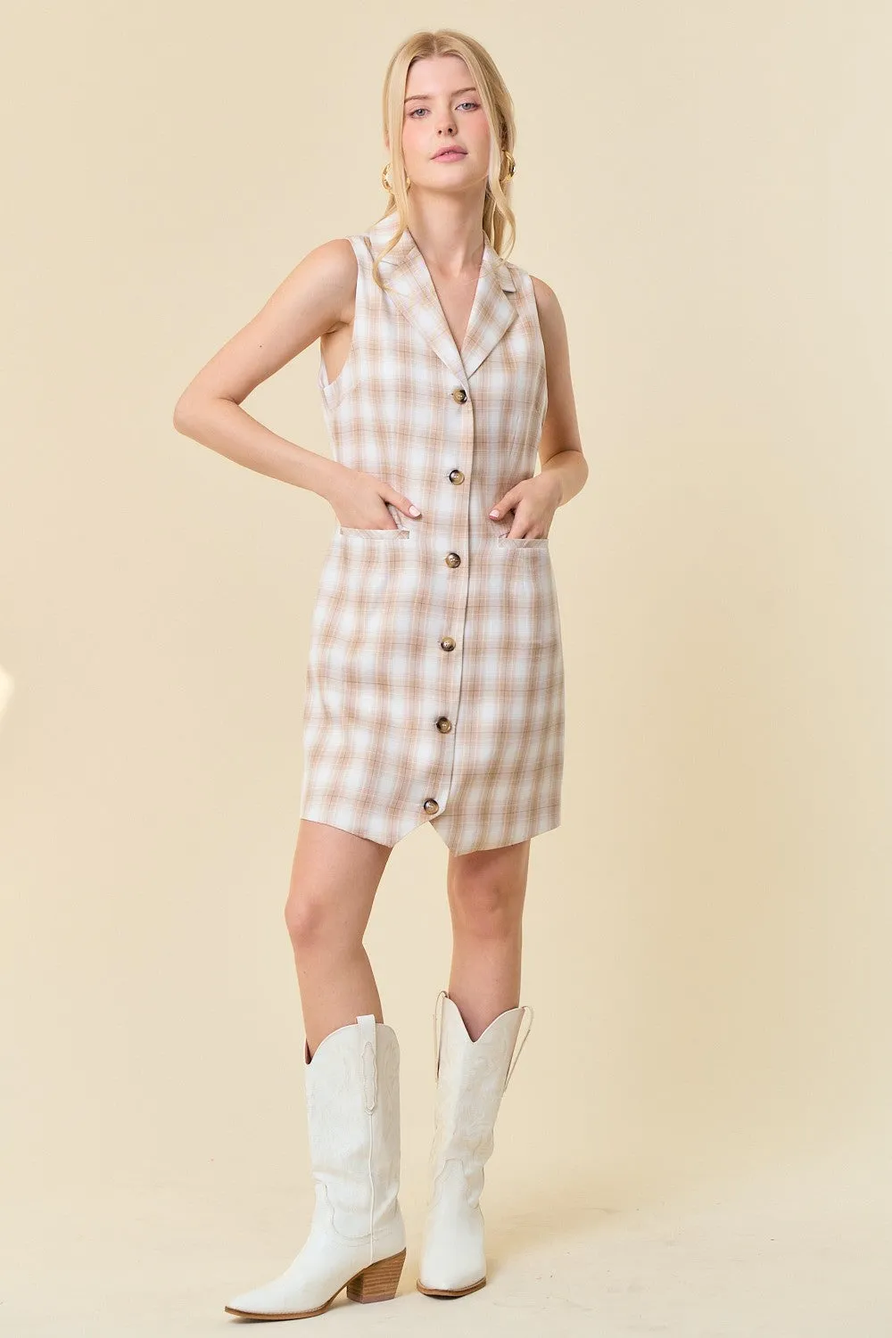 Light Beige Collared V-Neck Plaid Tailored Mini Dress sold by Pinkblush product image thumbnail 4