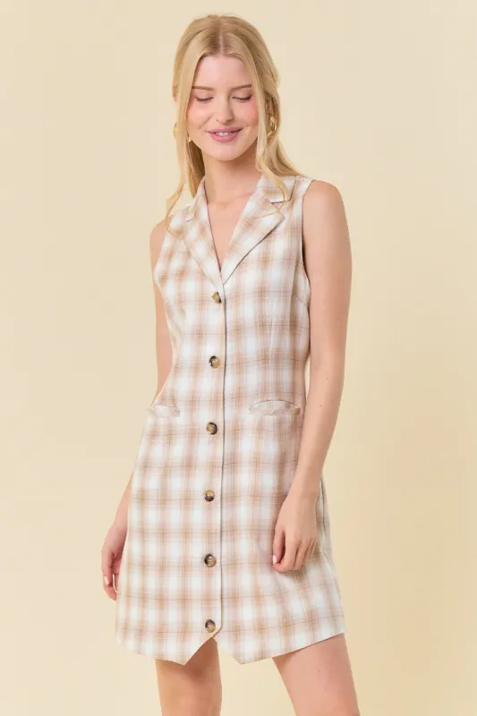 Light Beige Collared V-Neck Plaid Tailored Mini Dress sold by Pinkblush