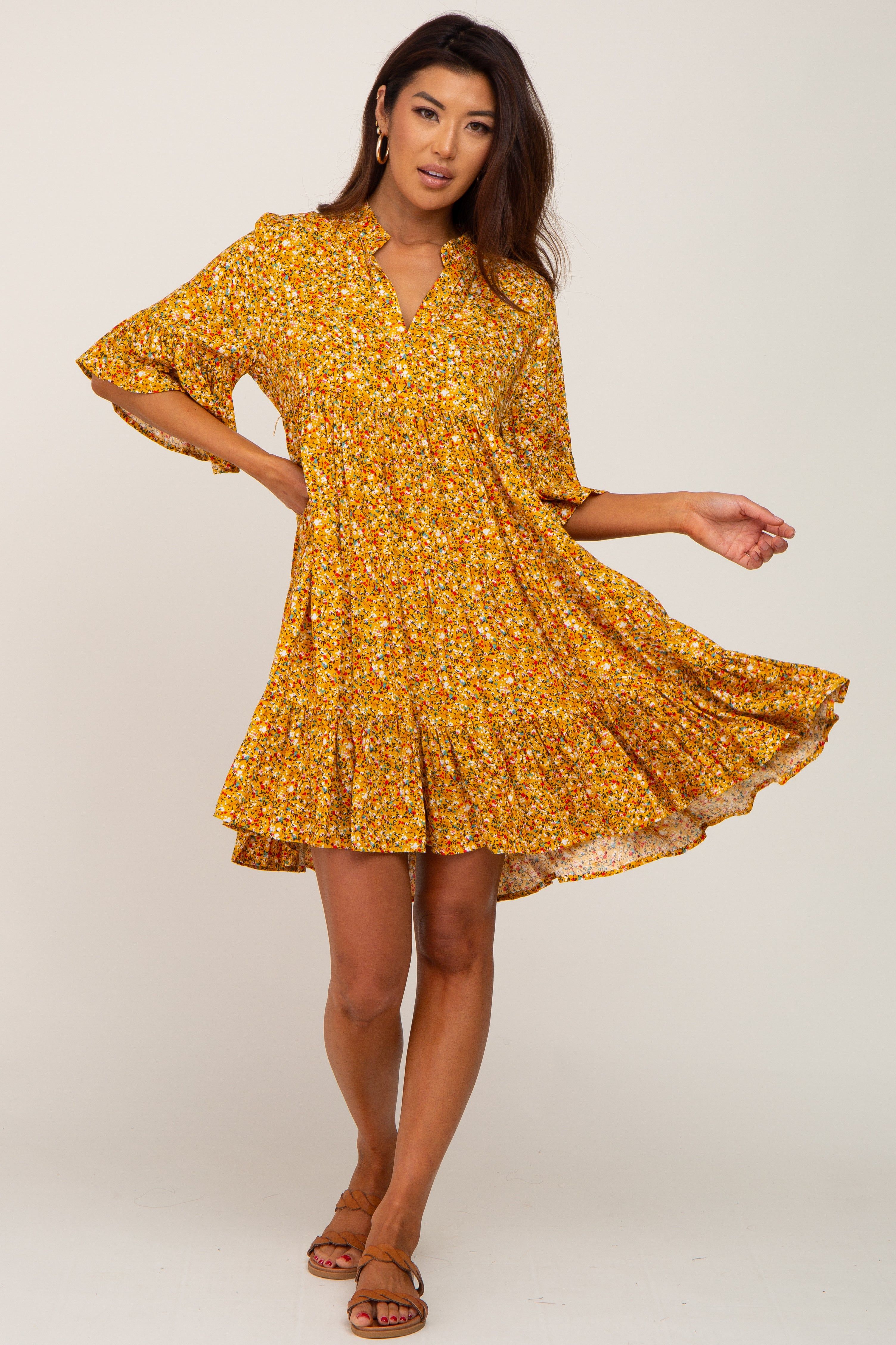 Yellow Floral Ruffle Sleeve Tiered Dress sold by Pinkblush product image thumbnail 4