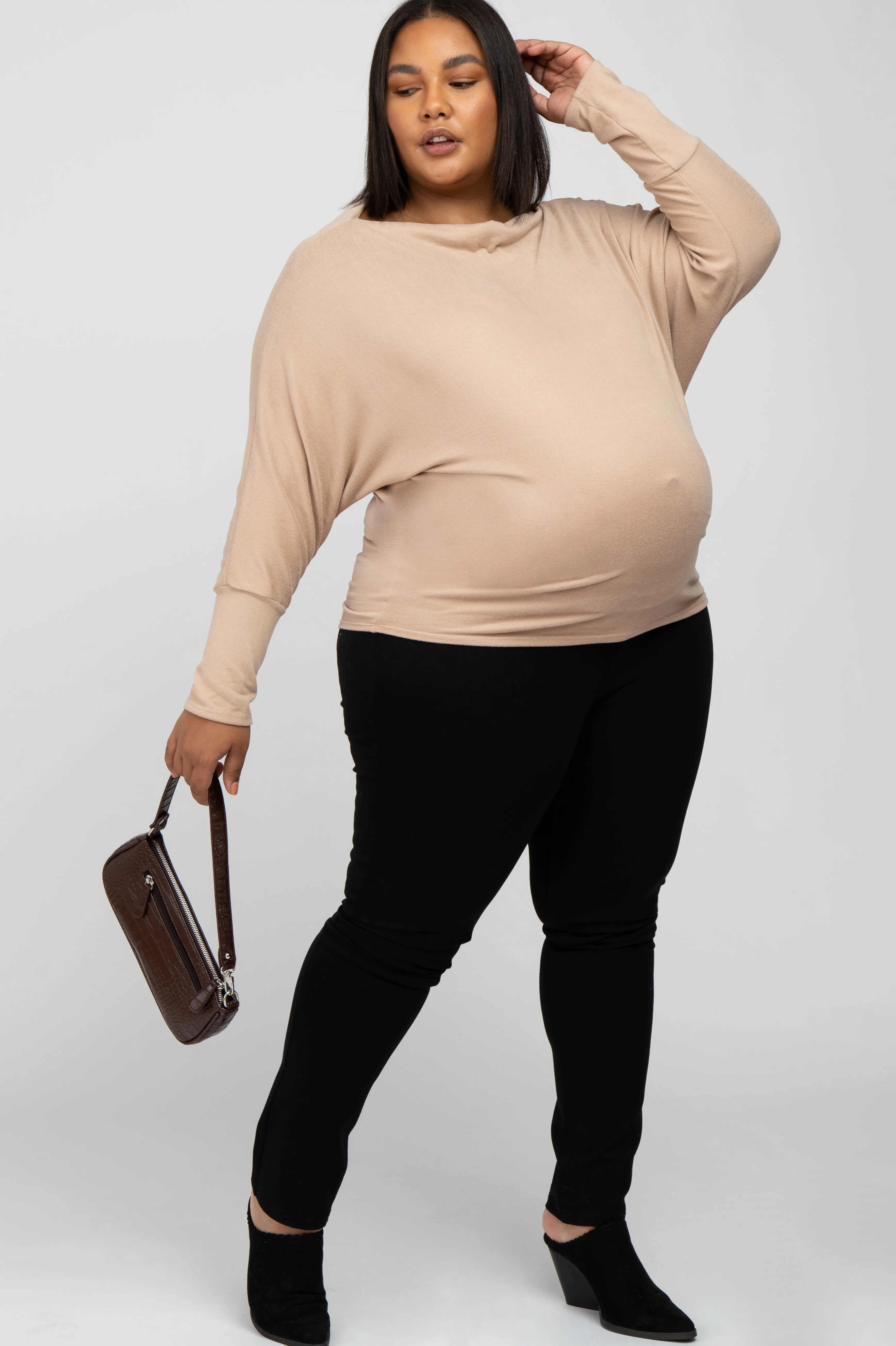 Beige Soft Knit Off Shoulder Maternity Plus Top sold by Pinkblush