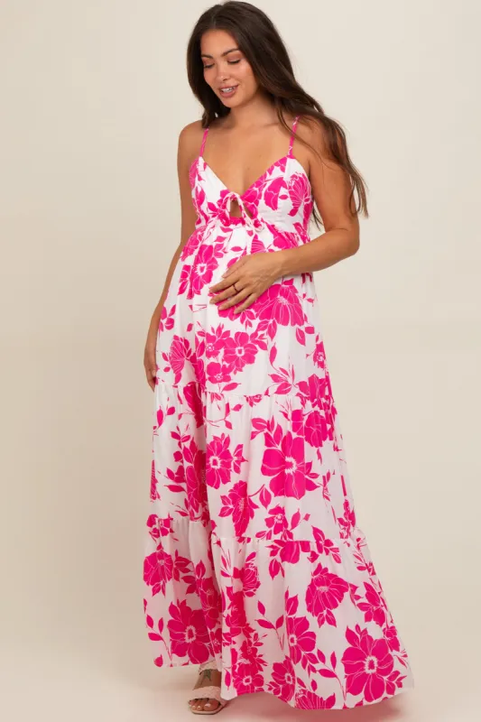 Fuchsia Tropical Floral Open Back Maternity Maxi Dress sold by Pinkblush