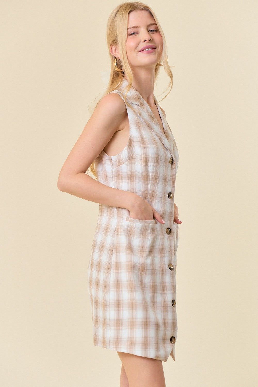 Light Beige Collared V-Neck Plaid Tailored Mini Dress sold by Pinkblush product image thumbnail 2