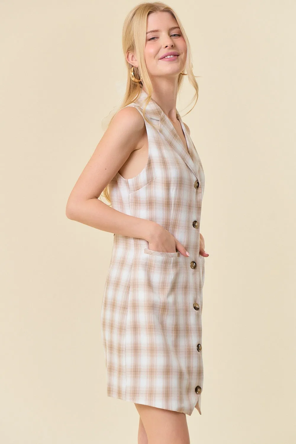 Light Beige Collared V-Neck Plaid Tailored Mini Dress sold by Pinkblush product image thumbnail 2