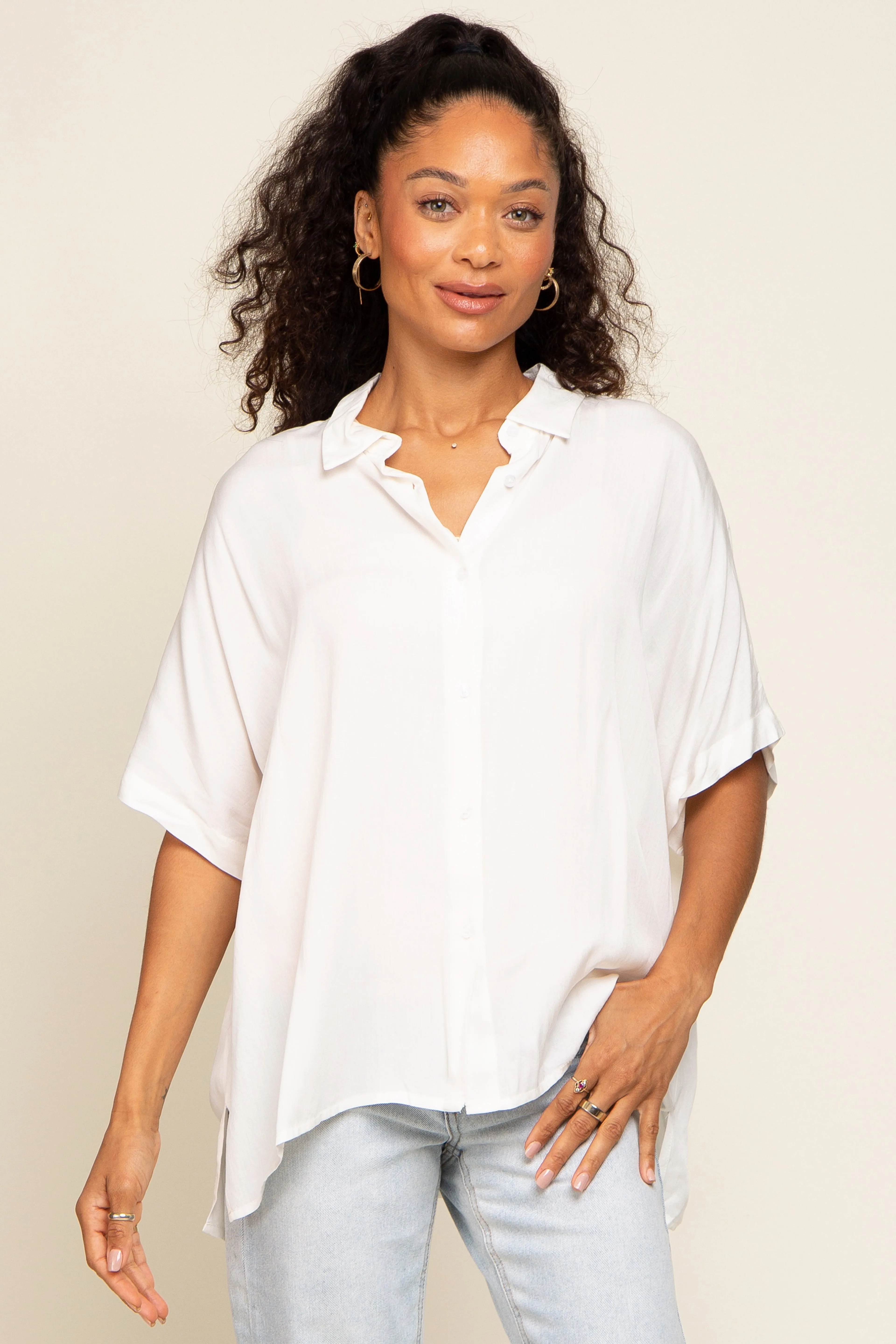 White Button Up Dolman Short Sleeve Top sold by Pinkblush