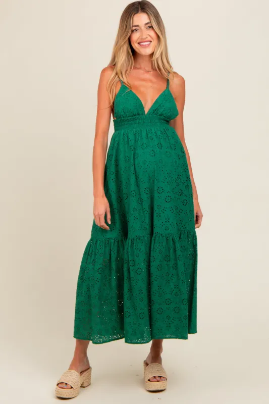 Forest Green Eyelet Lace Smocked Cutout Maternity Maxi Dress sold by Pinkblush