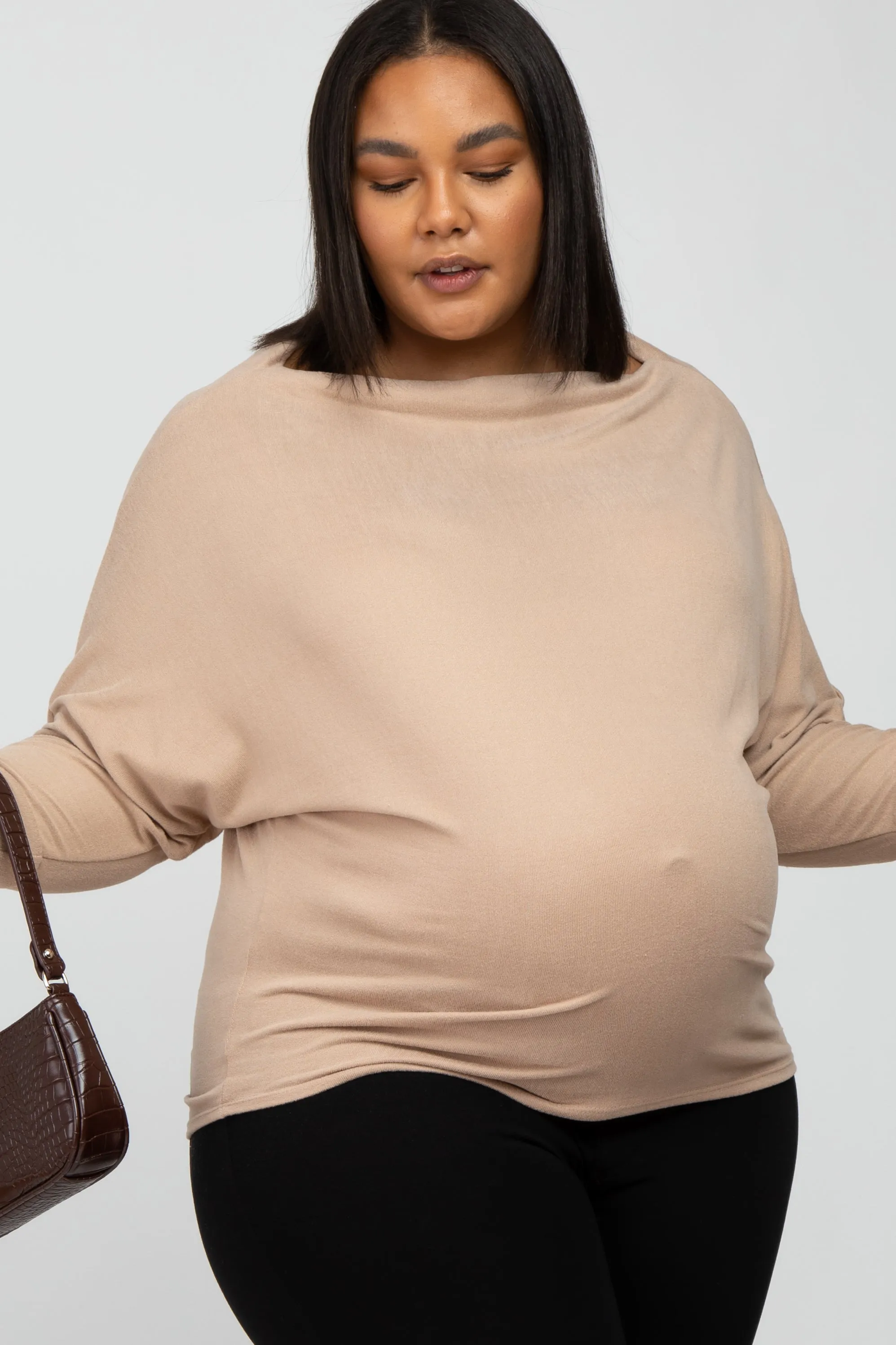 Beige Soft Knit Off Shoulder Maternity Plus Top sold by Pinkblush product image thumbnail 2