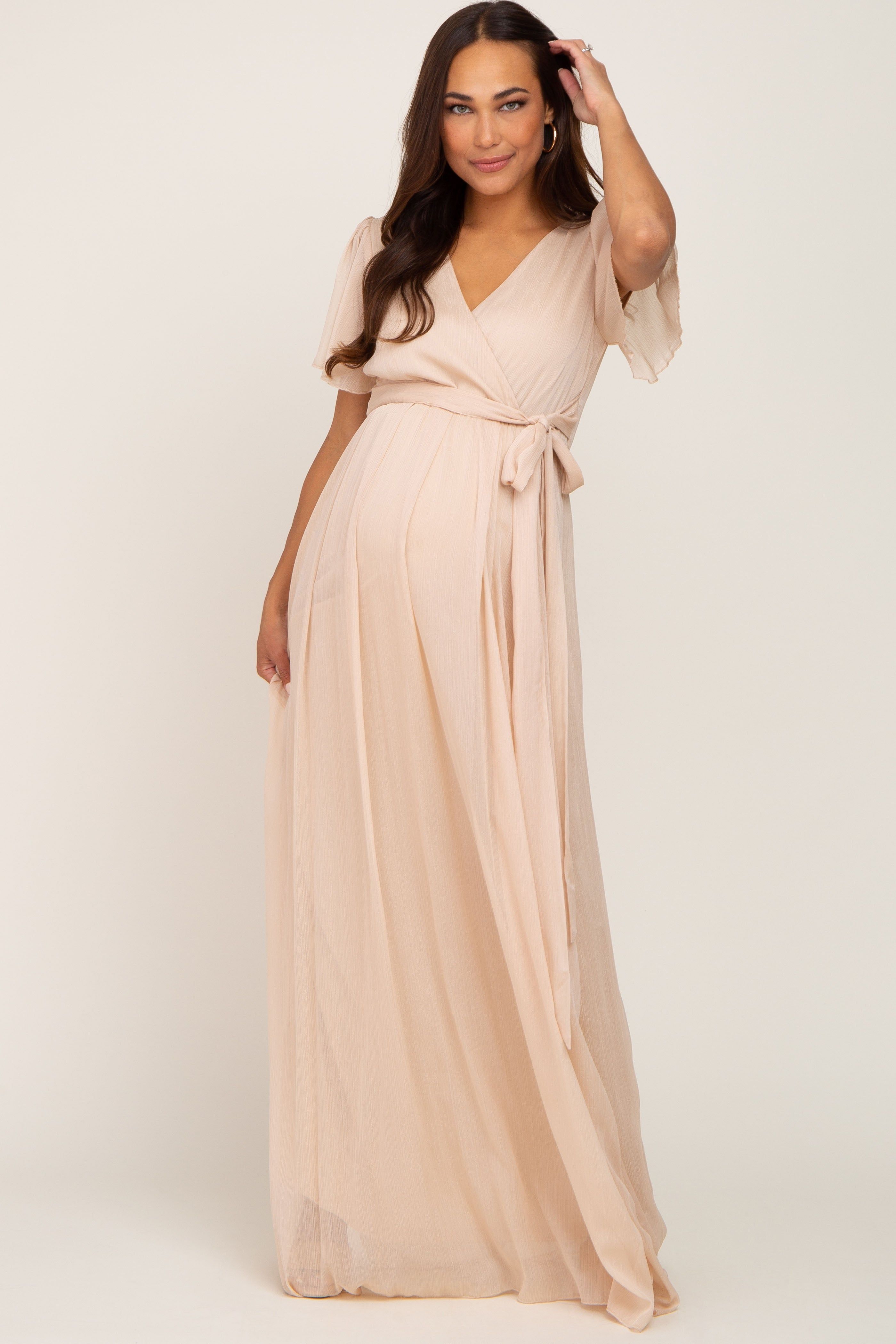 Cream Metallic Shimmer Chiffon Maternity Maxi Dress sold by Pinkblush product image thumbnail 4