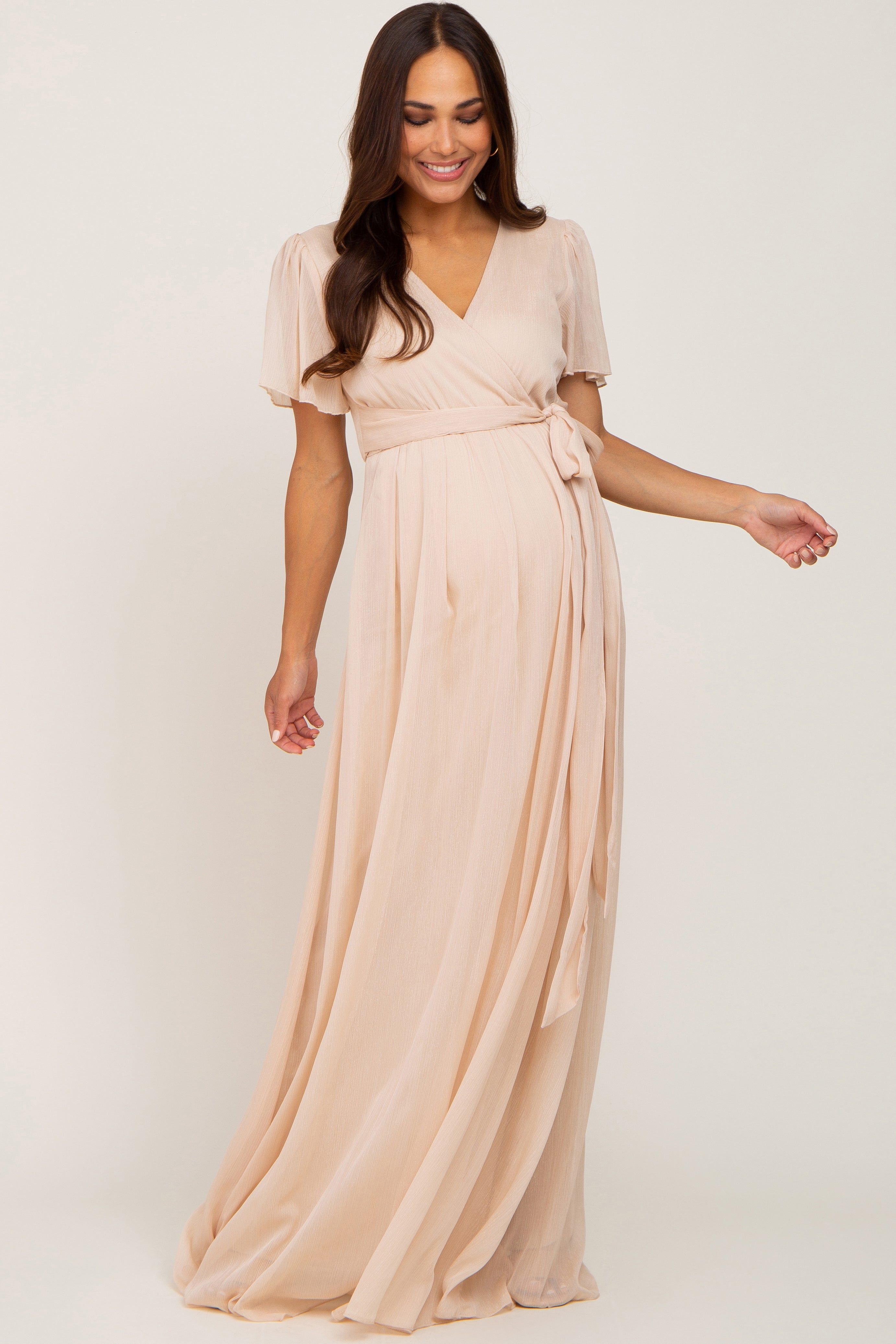 Cream Metallic Shimmer Chiffon Maternity Maxi Dress sold by Pinkblush