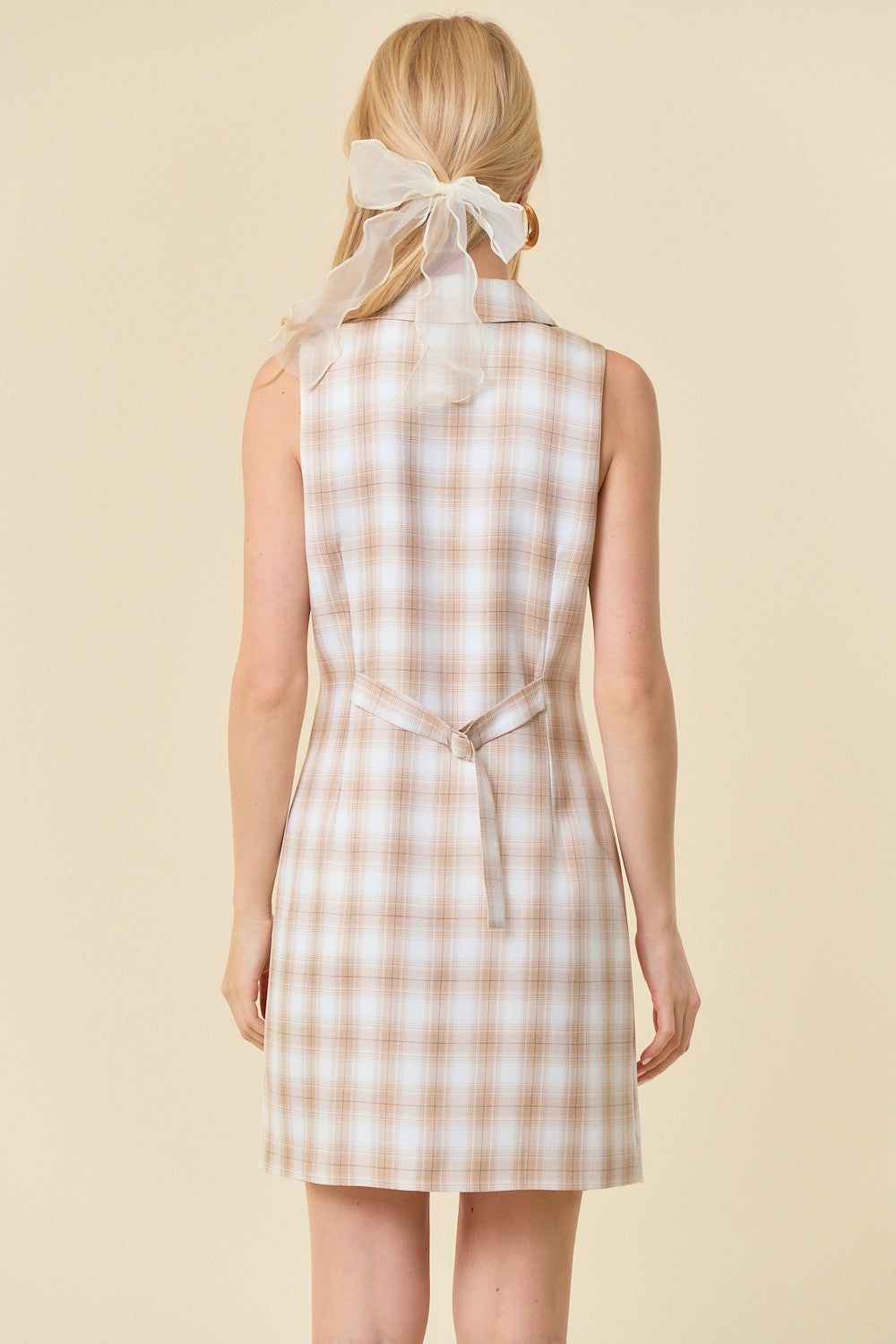 Light Beige Collared V-Neck Plaid Tailored Mini Dress sold by Pinkblush product image thumbnail 3