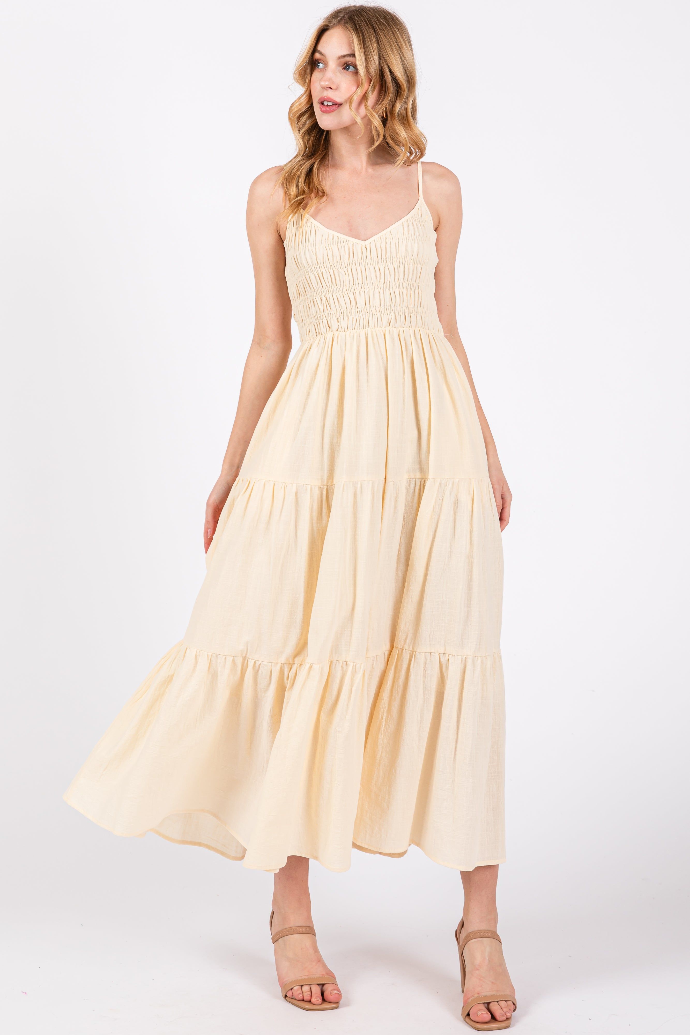 Cream Smocked V-Neck Sleeveless Tiered Midi Dress sold by Pinkblush product image thumbnail 2