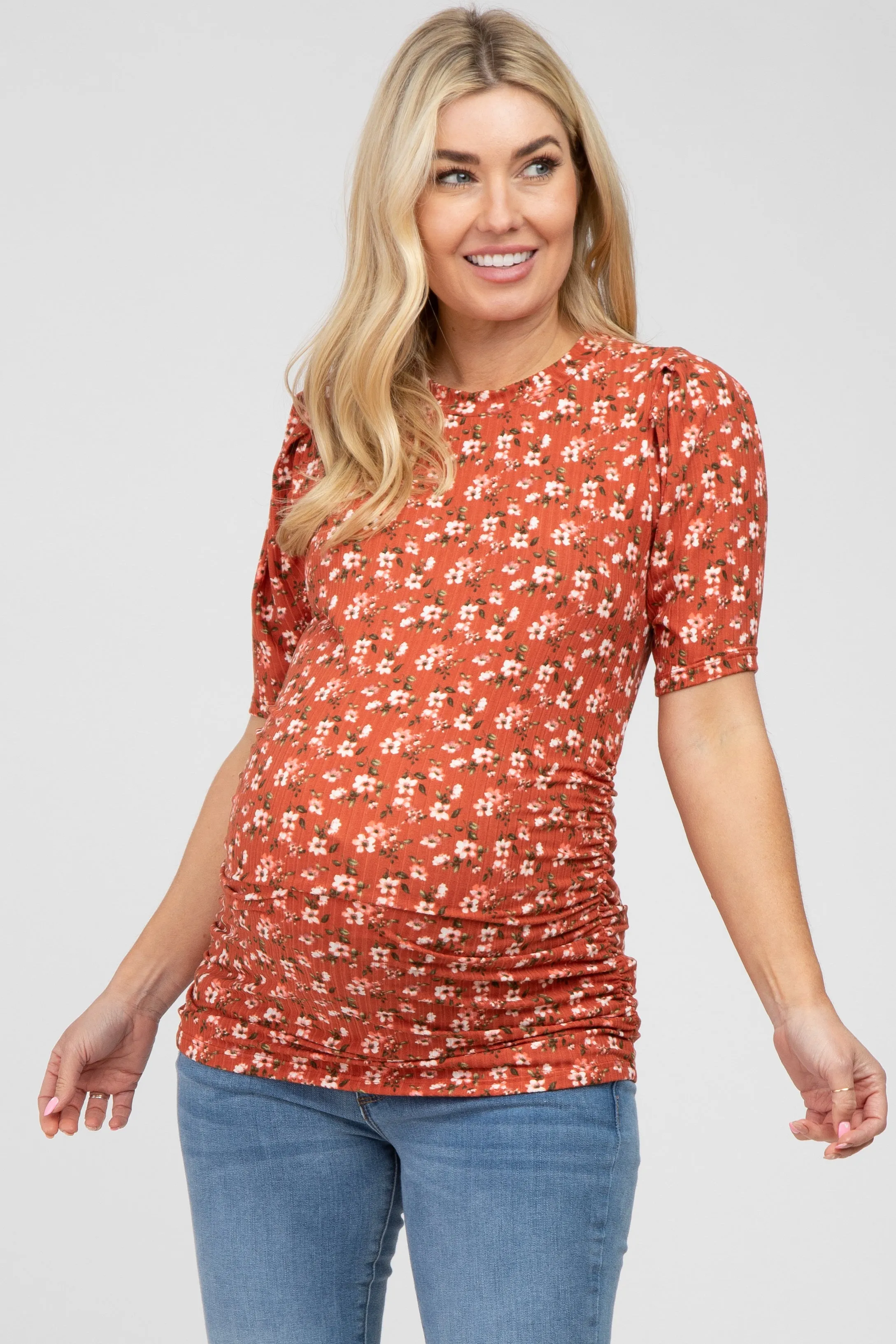 Rust Floral Ruched Ribbed Maternity Top sold by Pinkblush