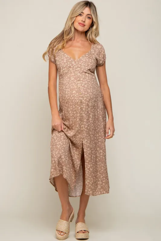 Beige Leopard Button Front Maternity Midi Dress sold by Pinkblush