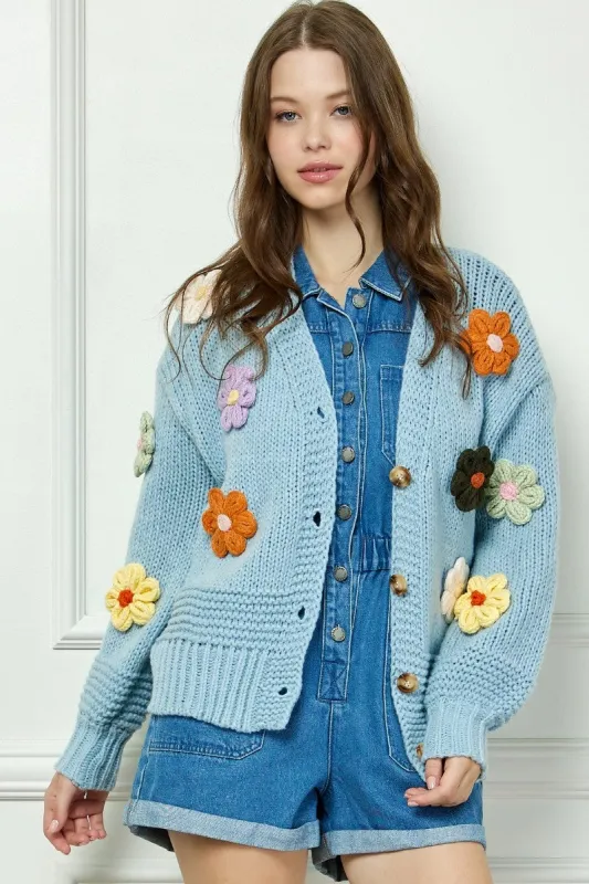 Blue Fluffy Flower Pom Pom Cardigan sold by Pinkblush