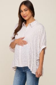Beige Gingham Button Up Collared Boxy Maternity Top sold by Pinkblush