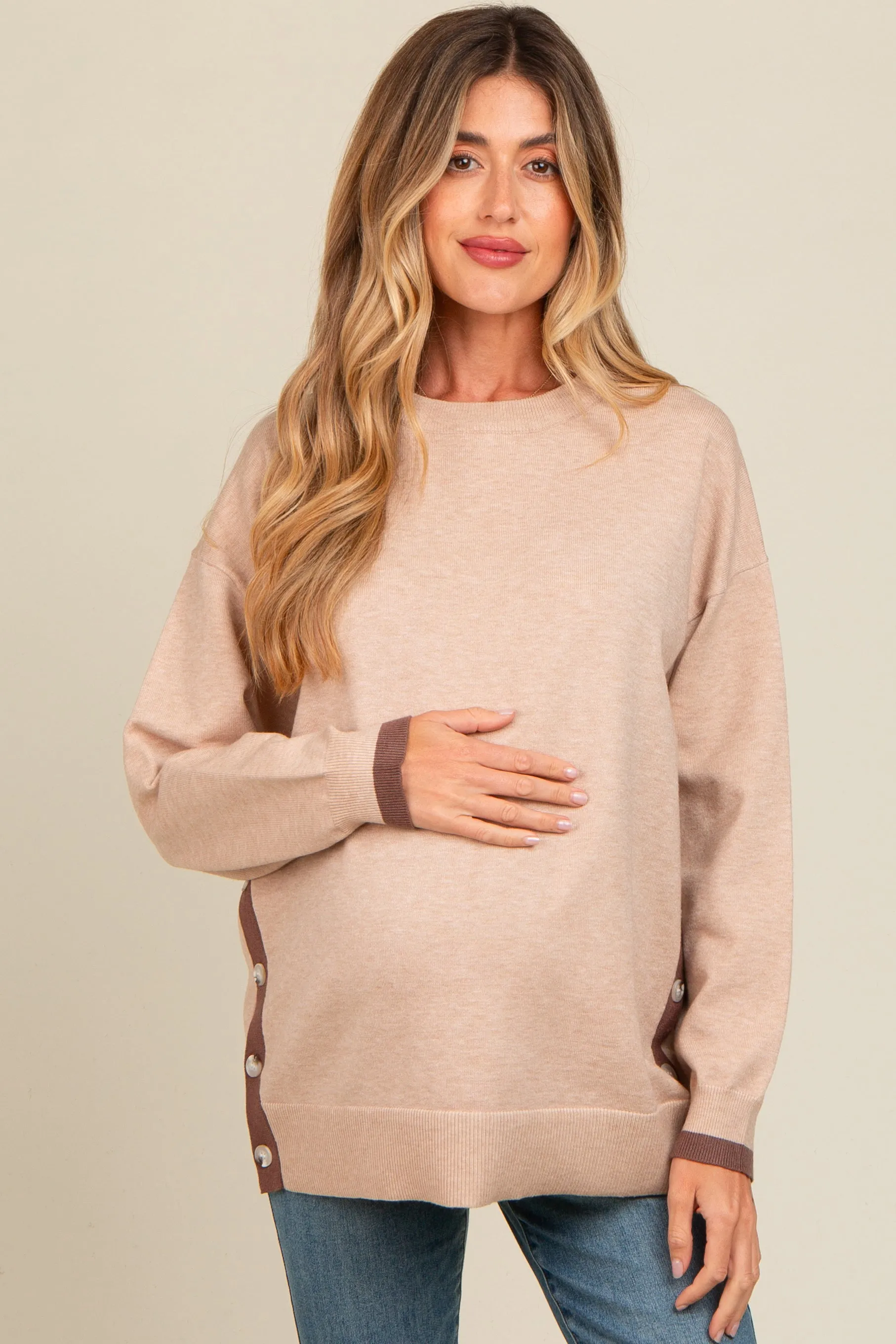Beige Button Up Side Detail Maternity Sweater sold by Pinkblush product image thumbnail 2