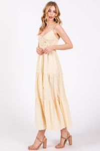 Cream Smocked V-Neck Sleeveless Tiered Midi Dress sold by Pinkblush