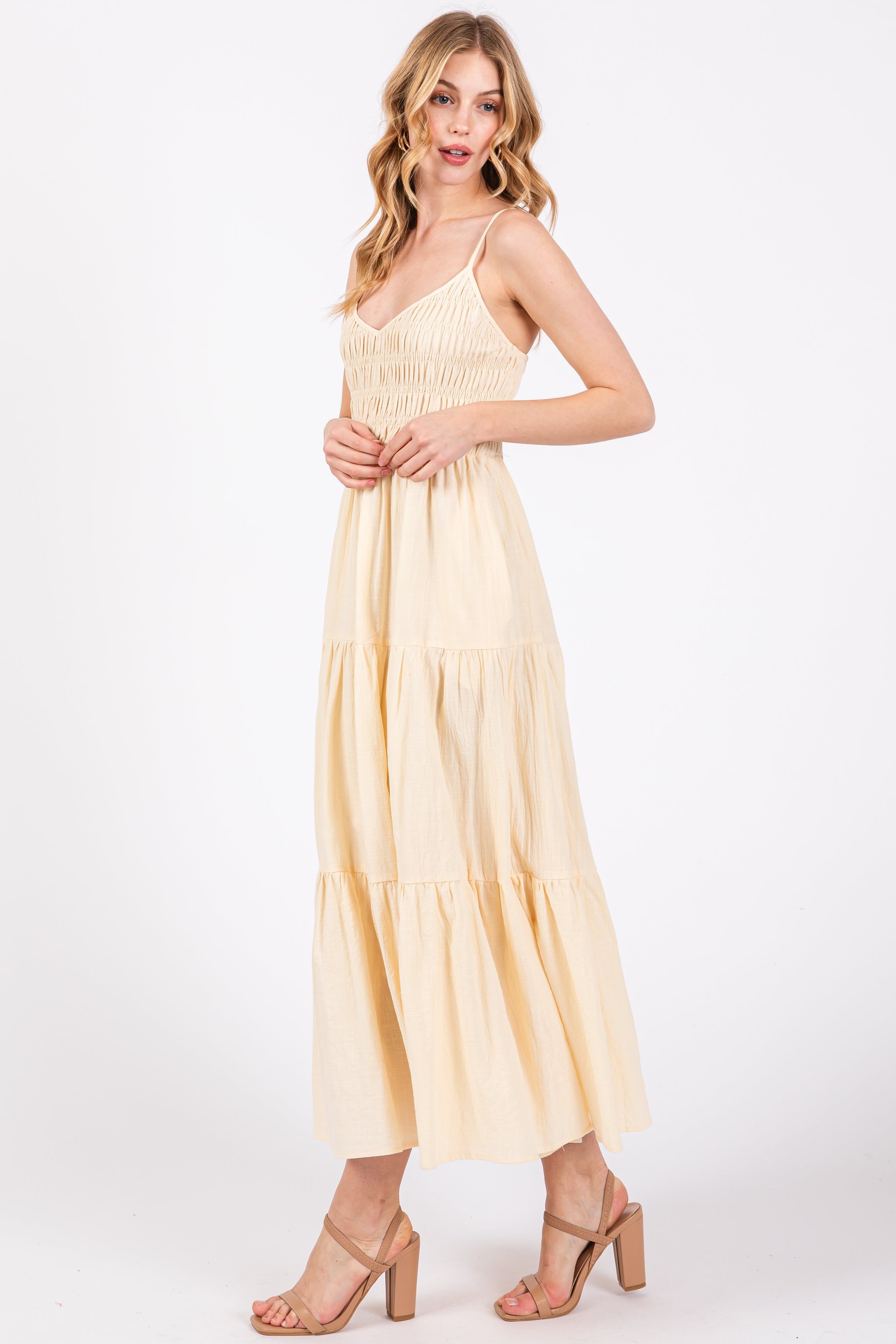Cream Smocked V-Neck Sleeveless Tiered Midi Dress sold by Pinkblush product image thumbnail 3