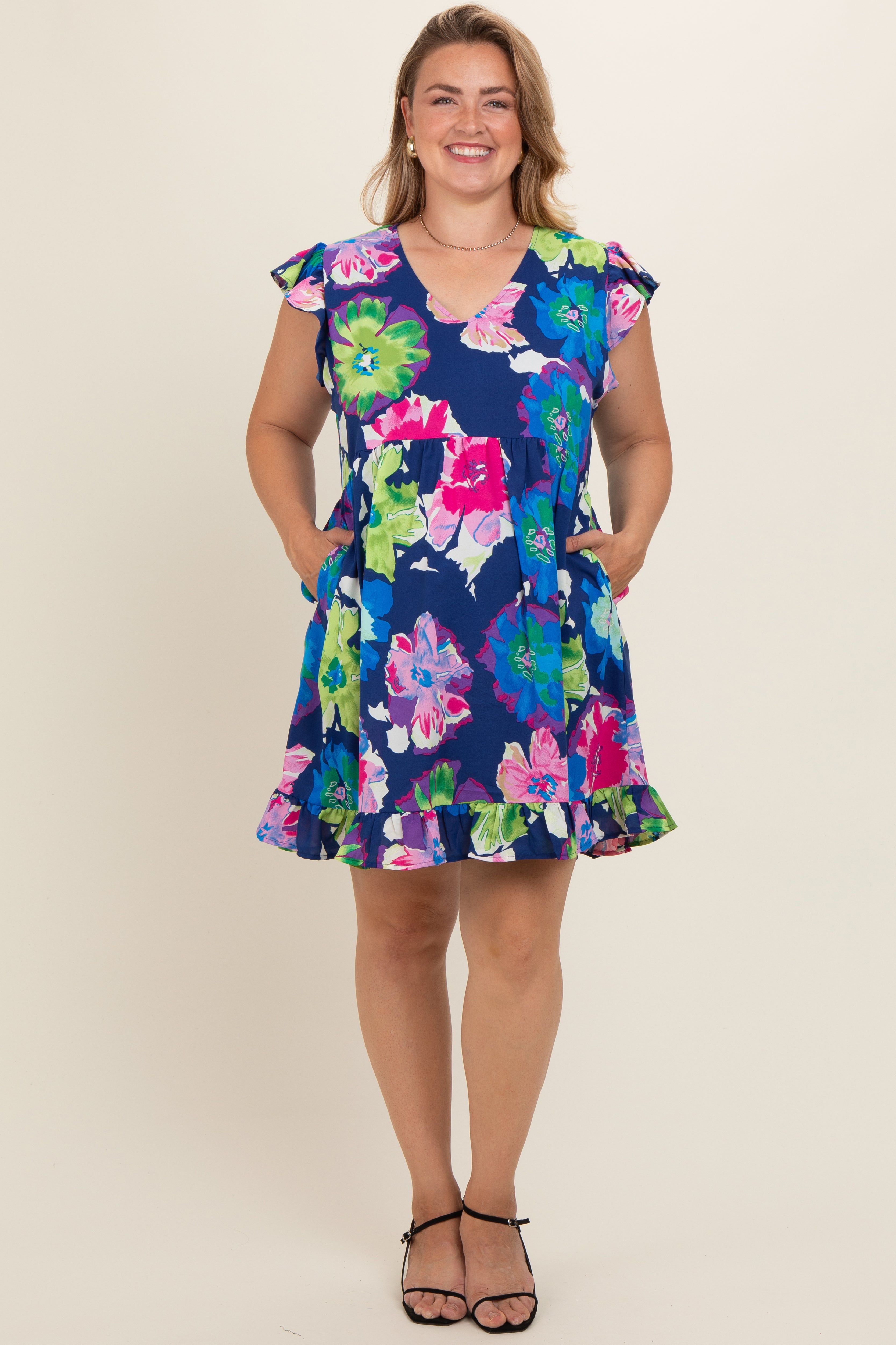 Navy Blue Floral Ruffle Accent Maternity Plus Dress sold by Pinkblush product image thumbnail 2