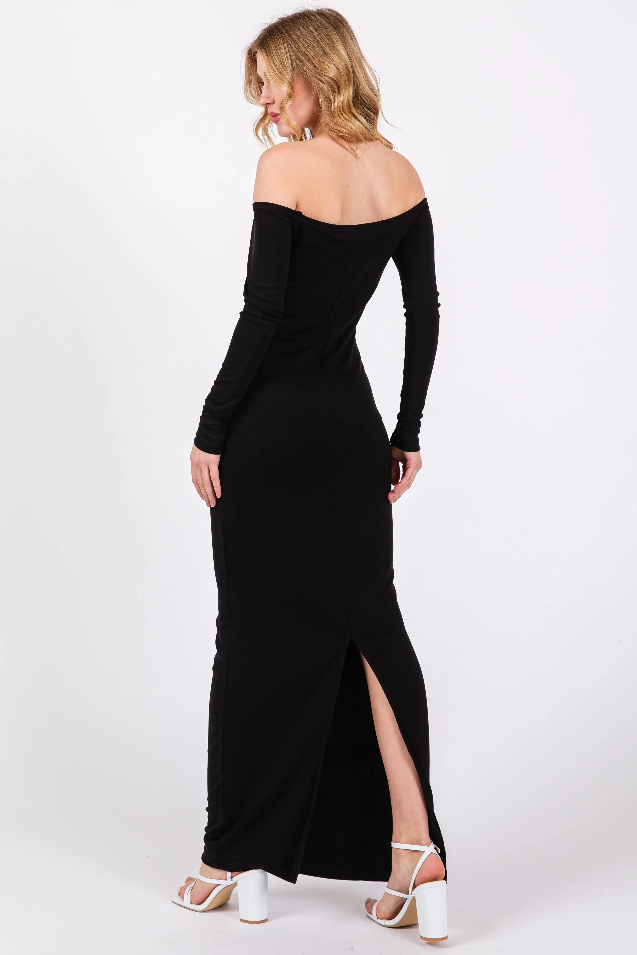 Black Off Shoulder Long Sleeve Maxi Dress sold by Pinkblush product image thumbnail 4