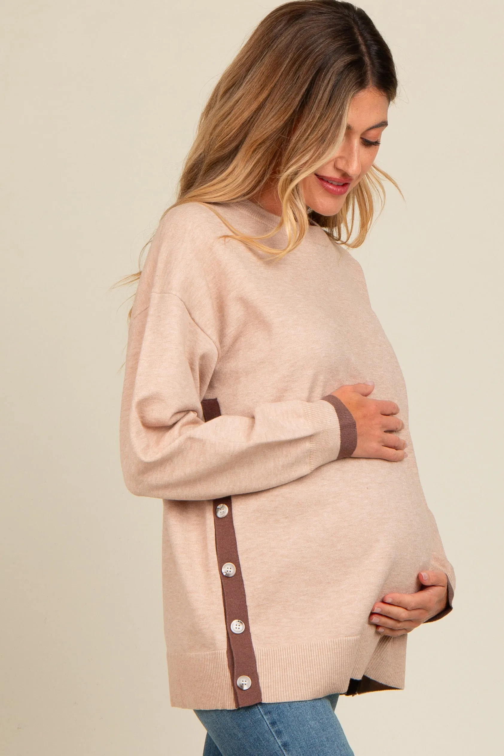Beige Button Up Side Detail Maternity Sweater sold by Pinkblush product image thumbnail 3