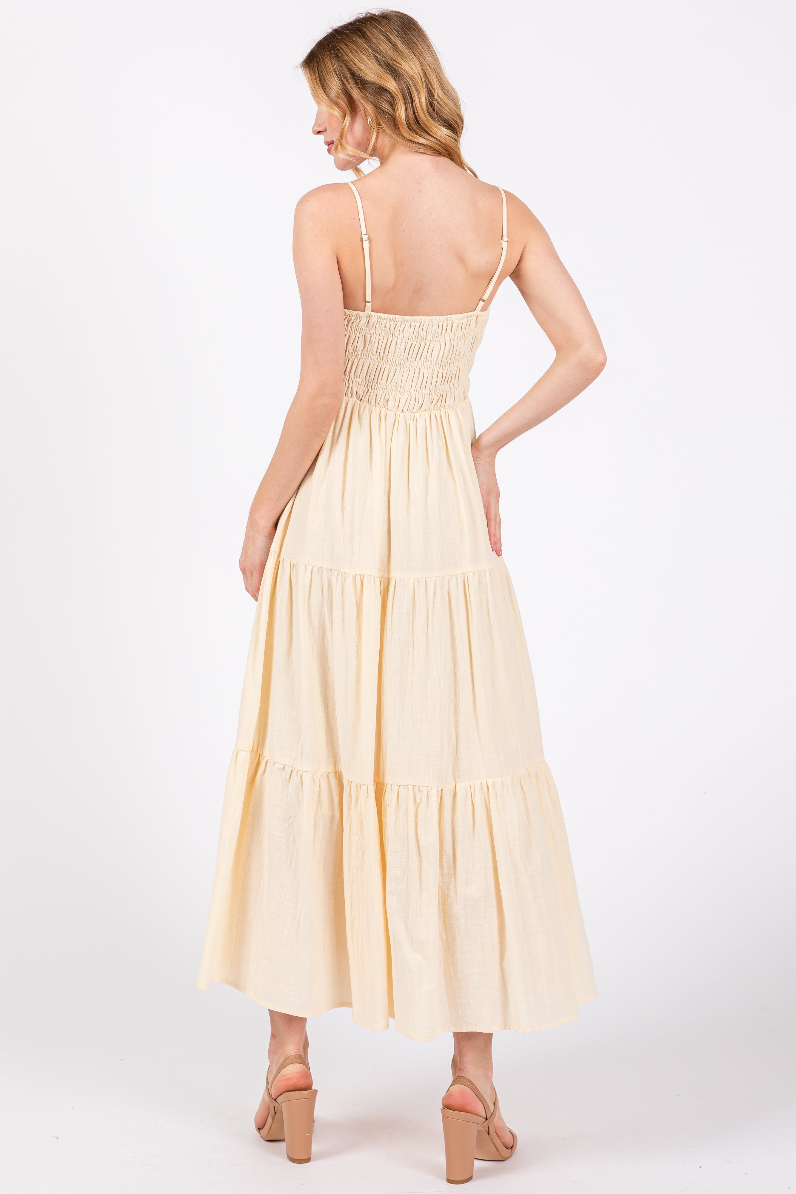 Cream Smocked V-Neck Sleeveless Tiered Midi Dress sold by Pinkblush product image thumbnail 4