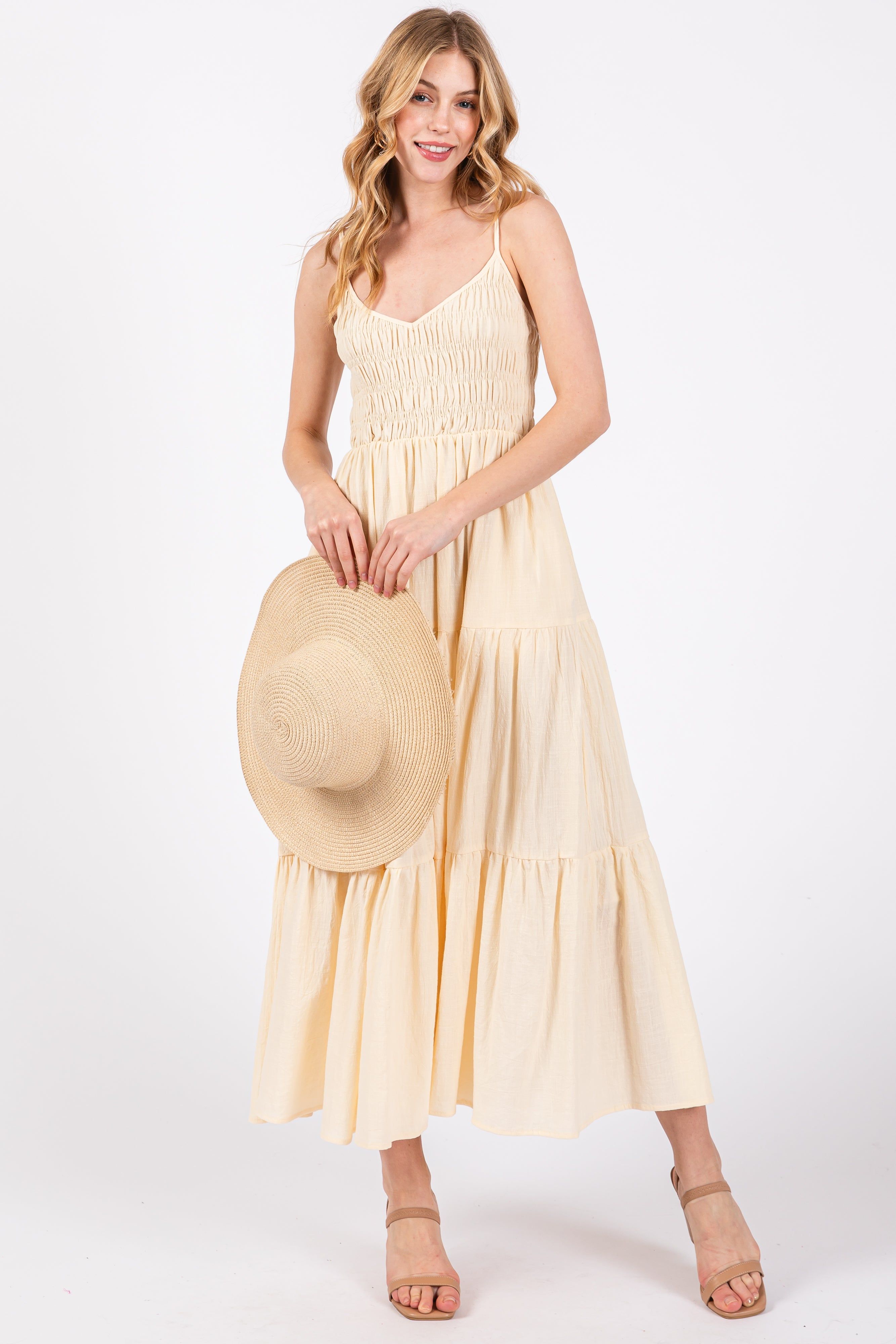 Cream Smocked V-Neck Sleeveless Tiered Midi Dress sold by Pinkblush