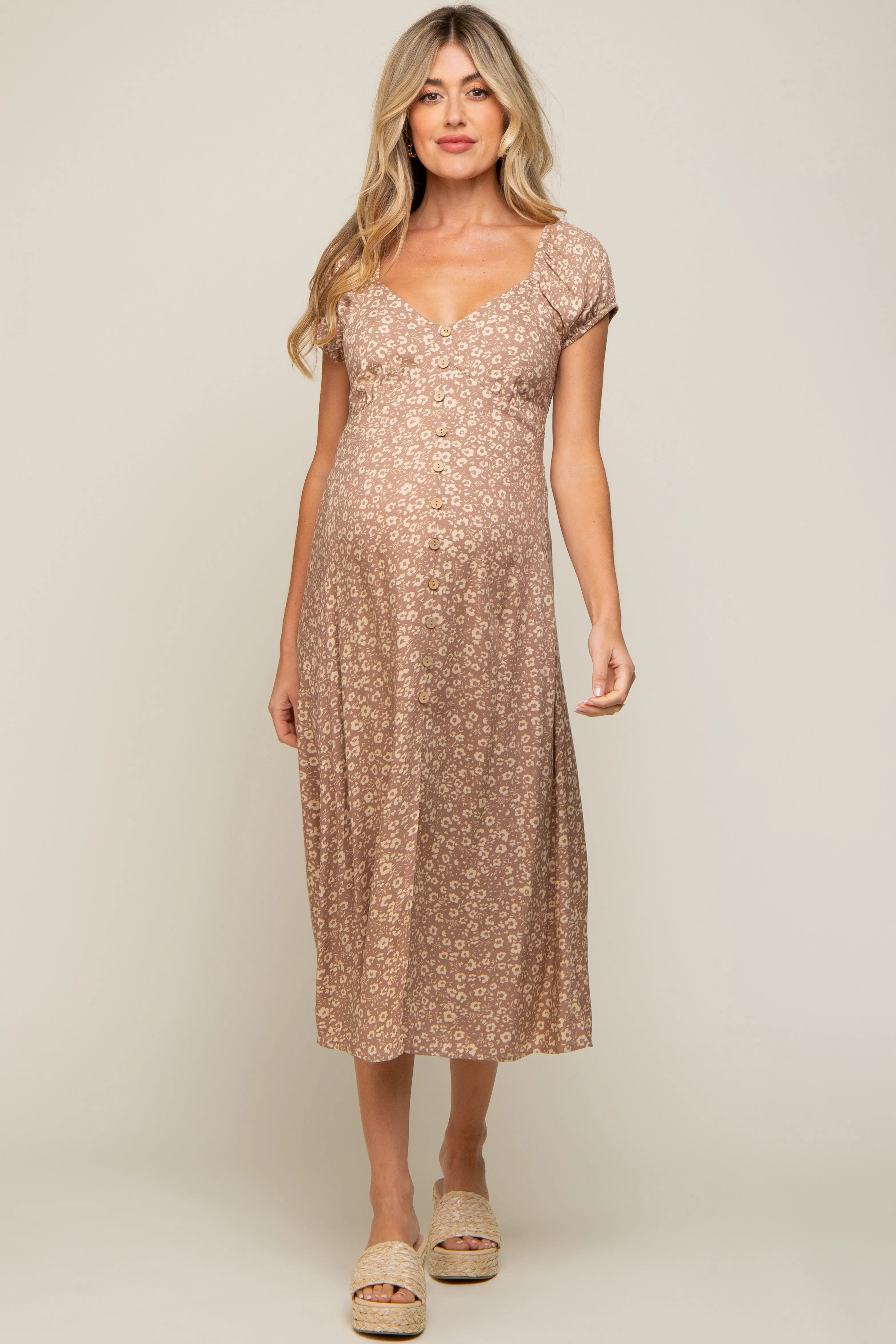 Beige Leopard Button Front Maternity Midi Dress sold by Pinkblush product image thumbnail 5