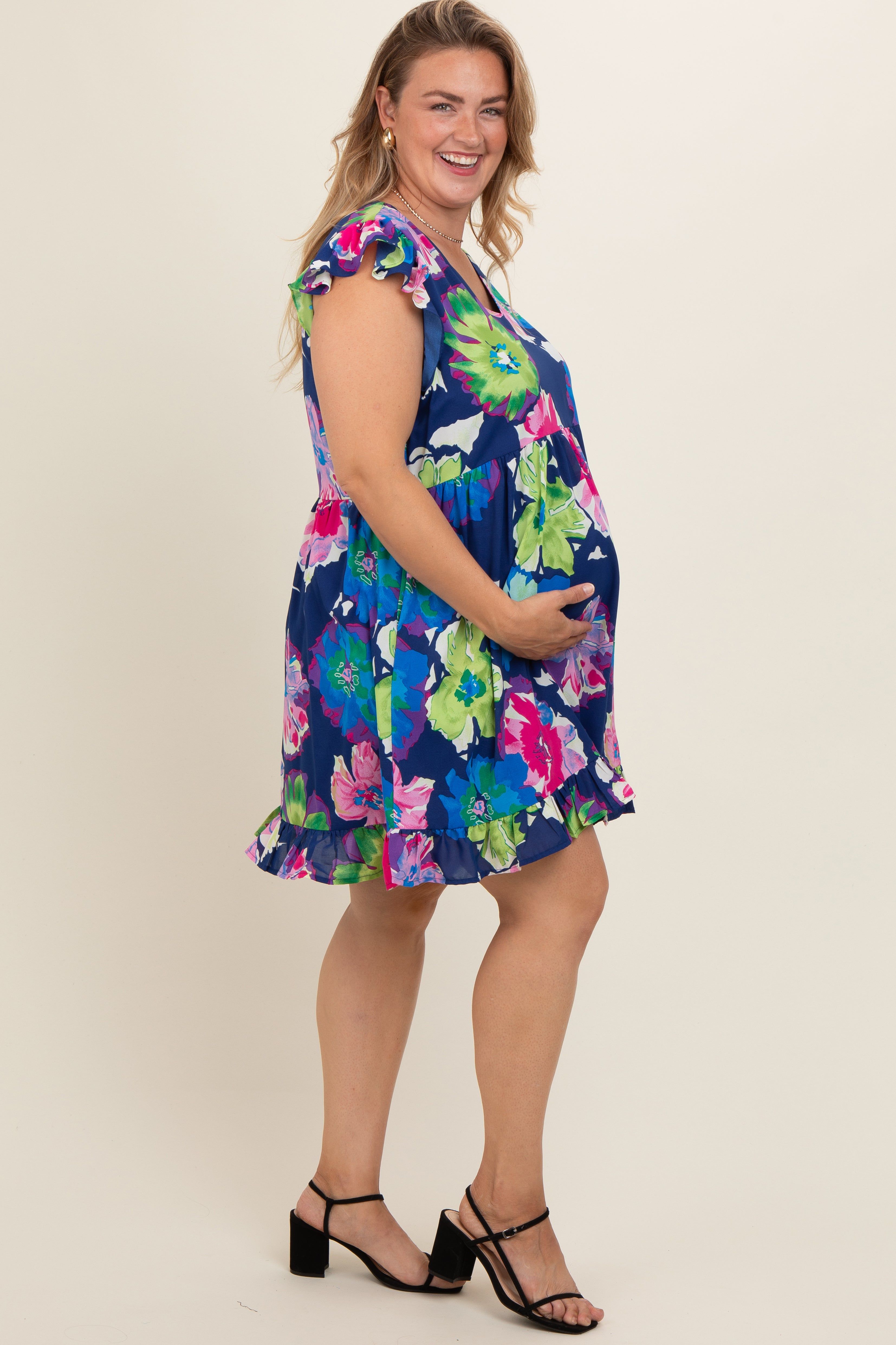 Navy Blue Floral Ruffle Accent Maternity Plus Dress sold by Pinkblush product image thumbnail 3