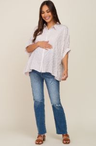 Beige Gingham Button Up Collared Boxy Maternity Top sold by Pinkblush