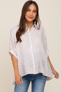 Beige Gingham Button Up Collared Boxy Maternity Top sold by Pinkblush