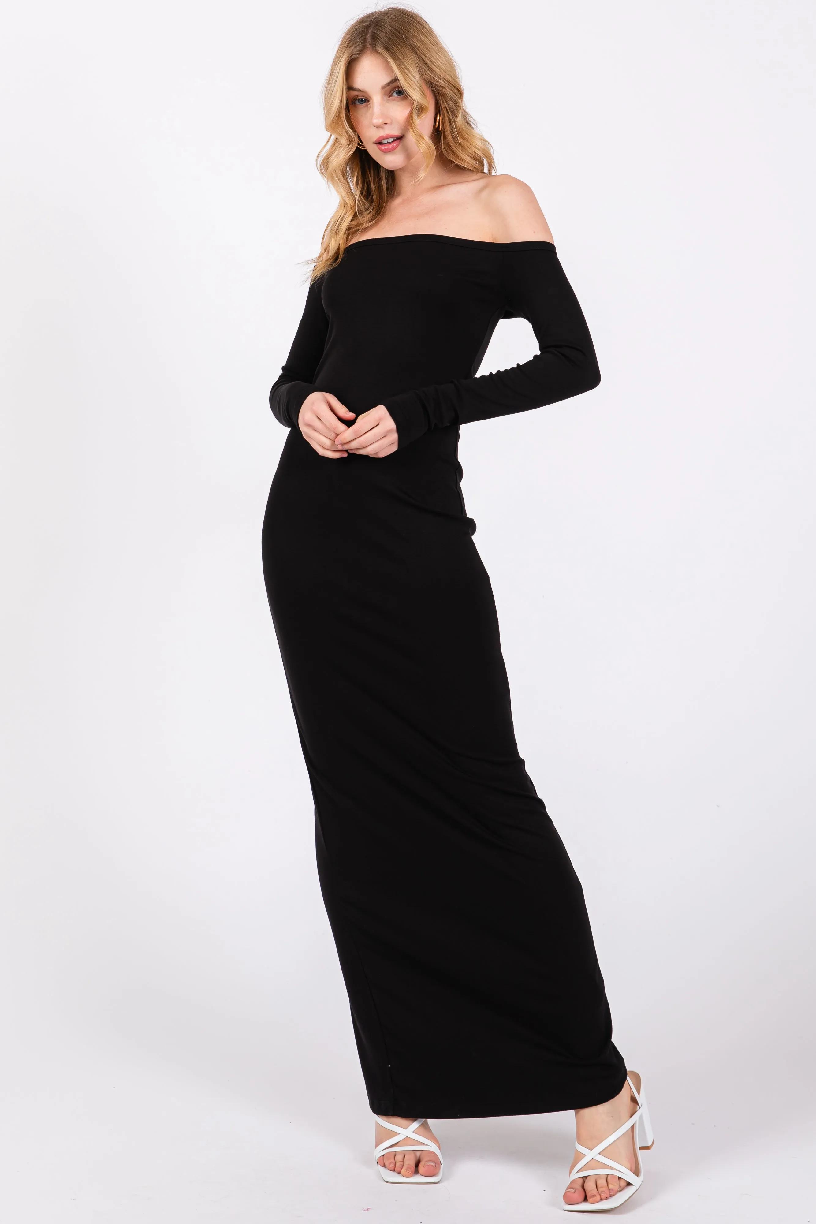 Black Off Shoulder Long Sleeve Maxi Dress sold by Pinkblush product image thumbnail 2
