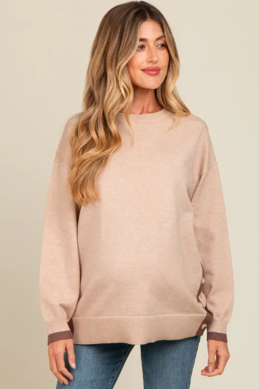 Beige Button Up Side Detail Maternity Sweater sold by Pinkblush
