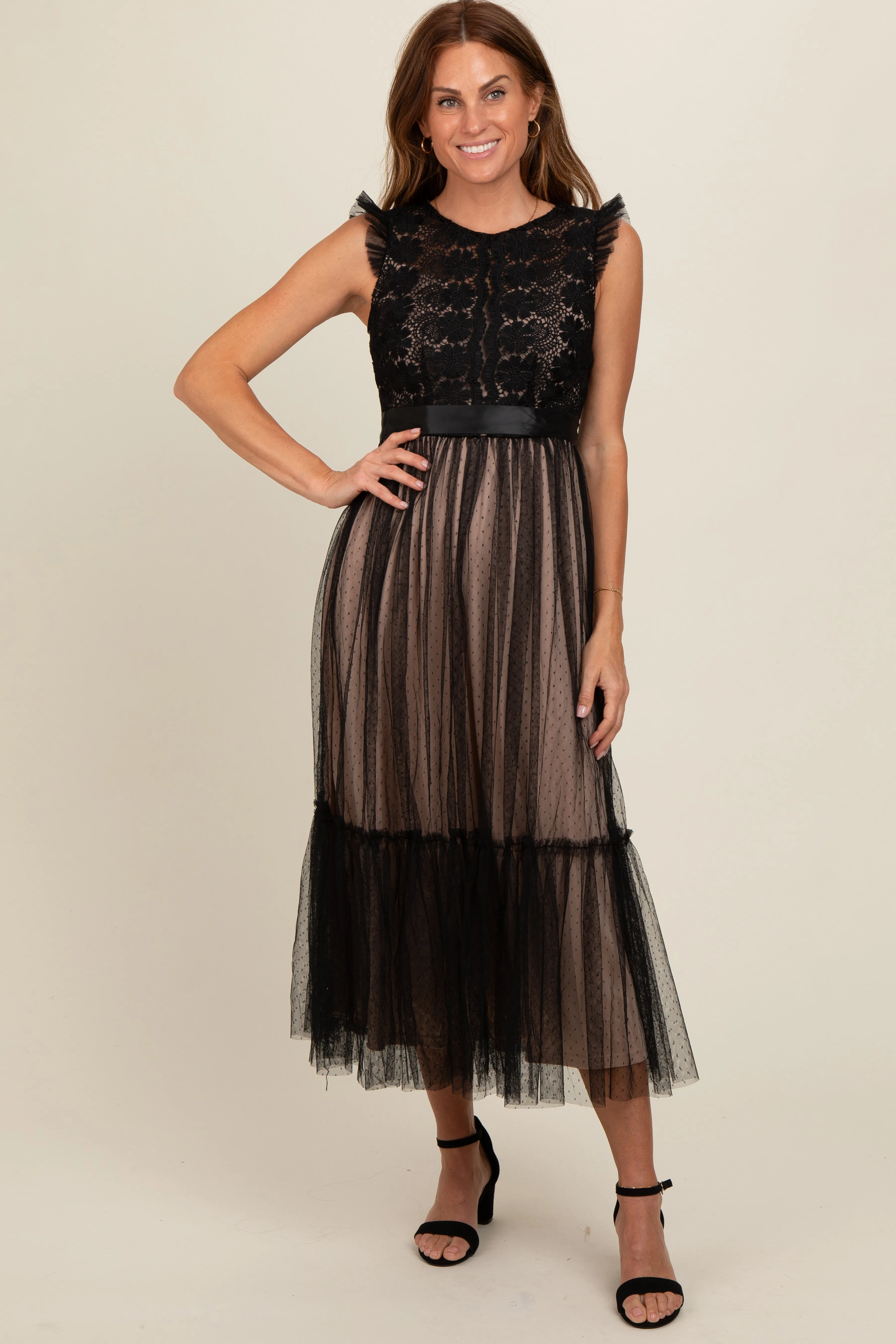 Black Lace Contrast Tulle Maxi Dress sold by Pinkblush