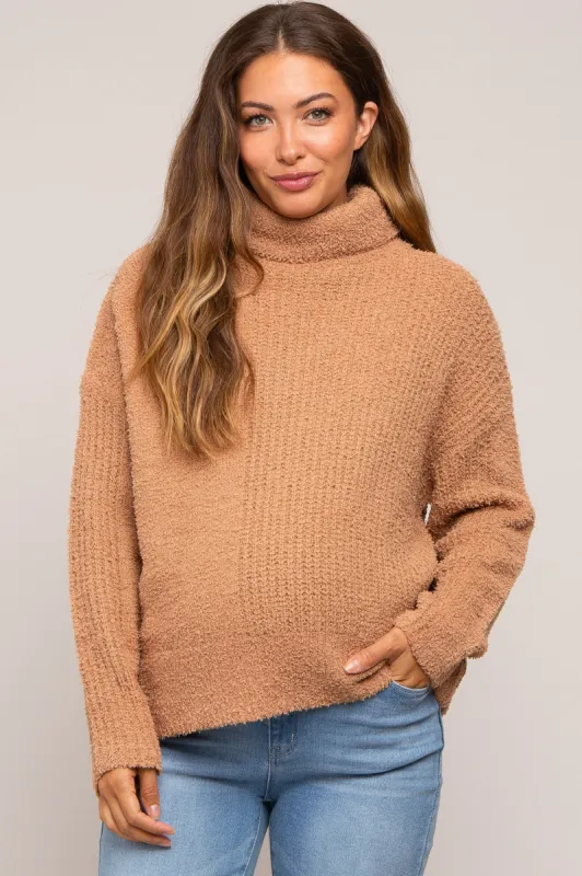 Camel Ribbed Boucle Knit Turtleneck Maternity Sweater sold by Pinkblush