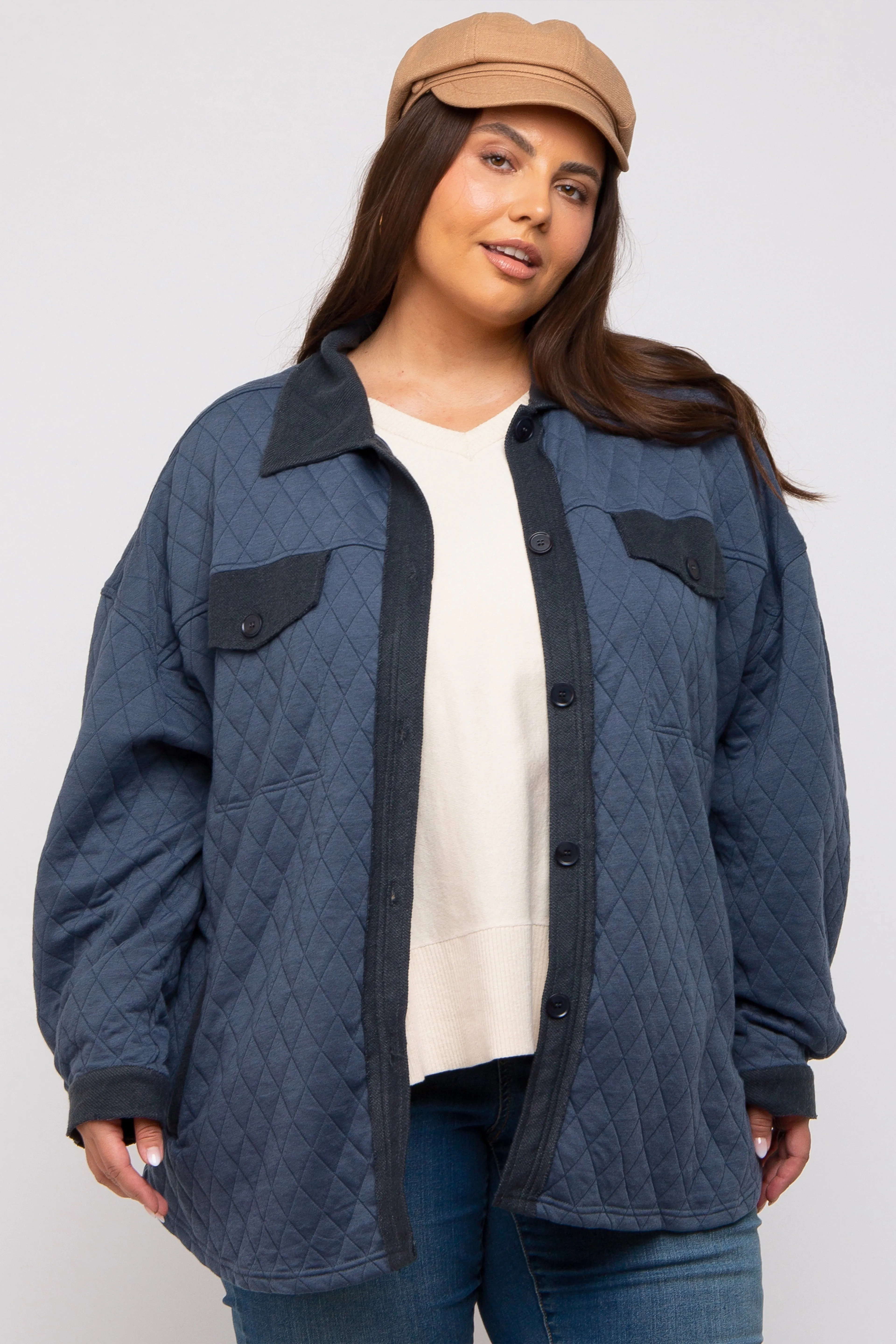 Navy Blue Colorblock Quilted Plus Shirt Jacket sold by Pinkblush product image thumbnail 3