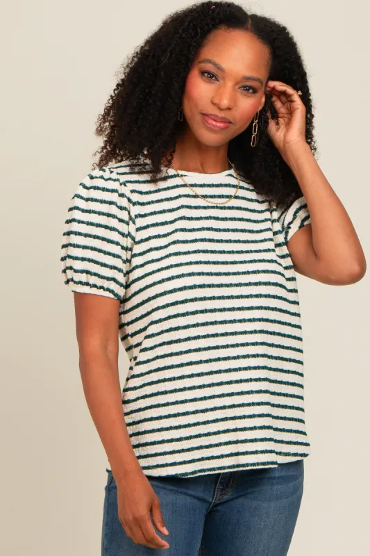 Emerald Green Striped Textured Puff Sleeve Top sold by Pinkblush