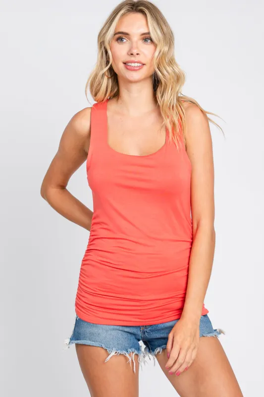 Coral Sqaure Neck Ruched Sides Top sold by Pinkblush
