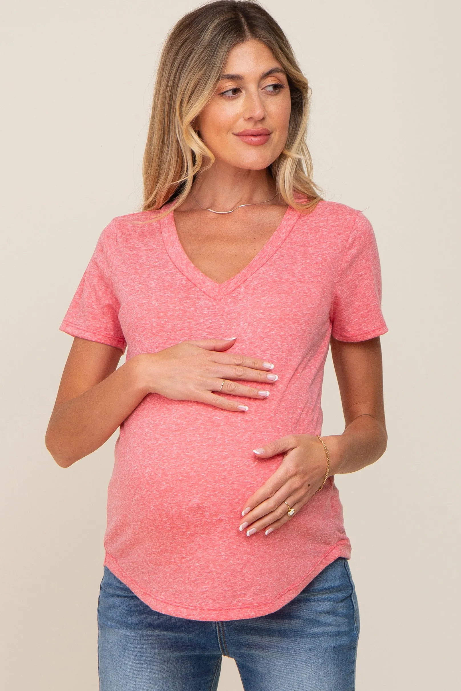 Coral V-Neck Short Sleeve Maternity Tee sold by Pinkblush