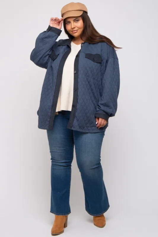 Navy Blue Colorblock Quilted Plus Shirt Jacket sold by Pinkblush