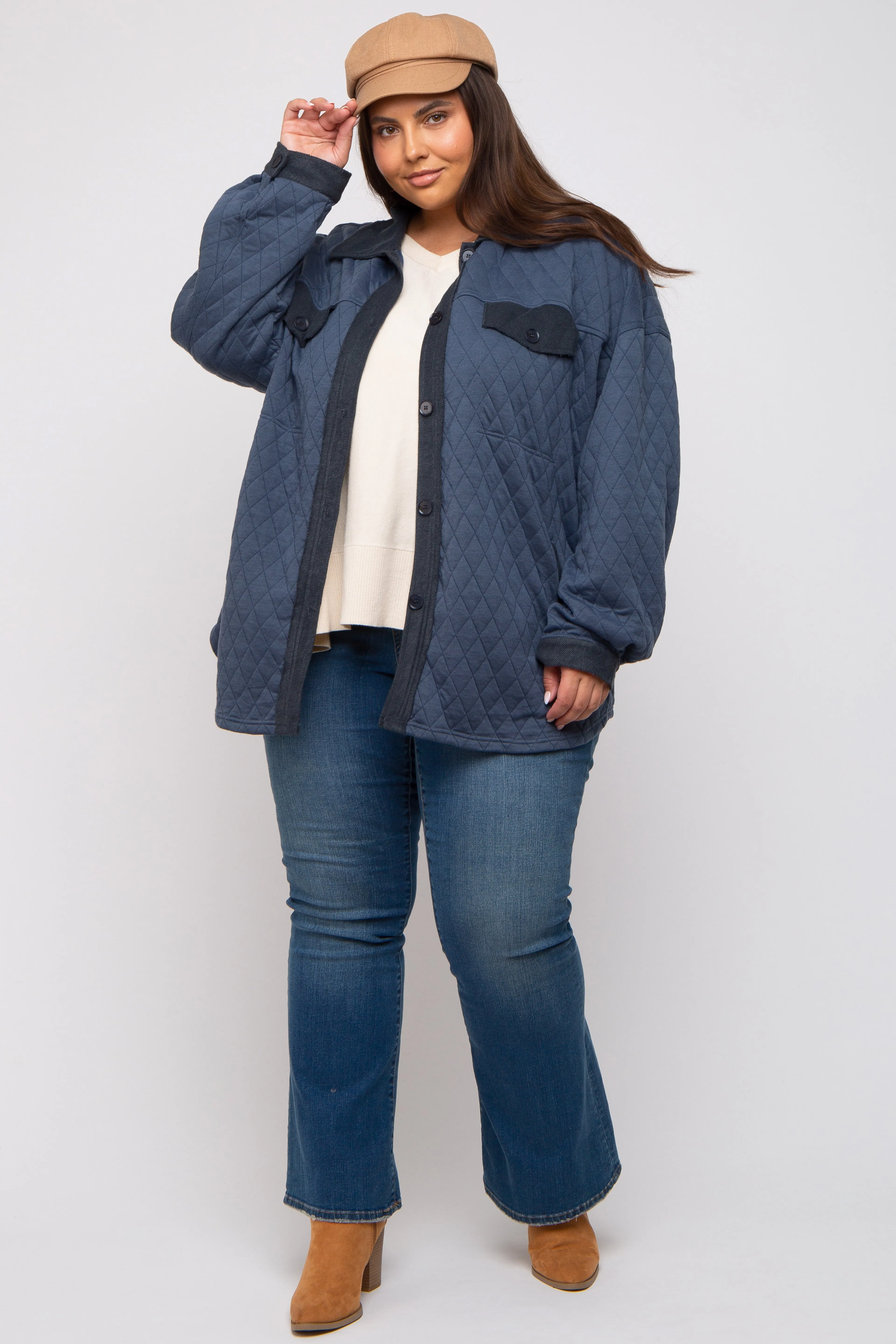 Navy Blue Colorblock Quilted Plus Shirt Jacket sold by Pinkblush