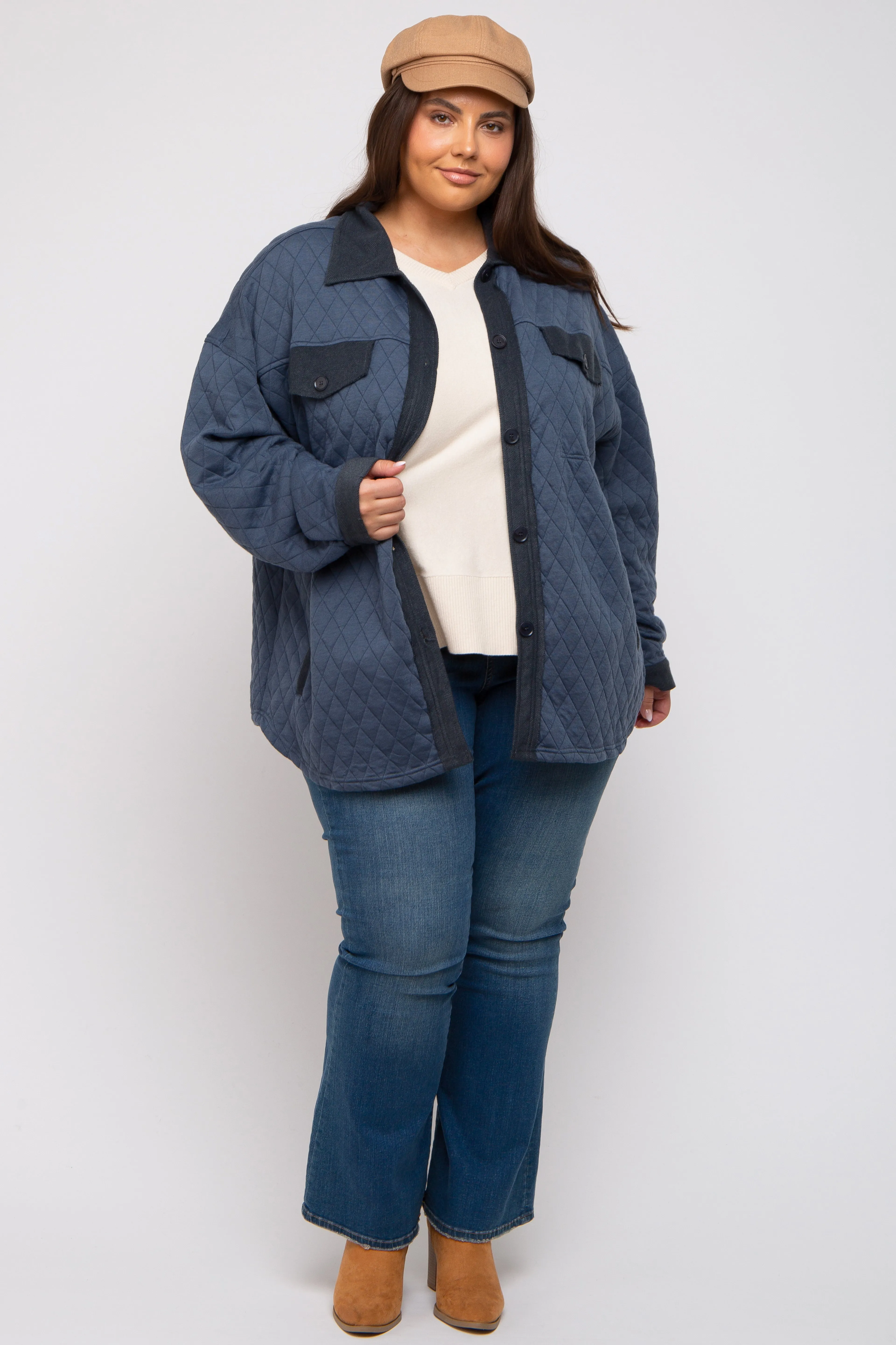 Navy Blue Colorblock Quilted Plus Shirt Jacket sold by Pinkblush product image thumbnail 2