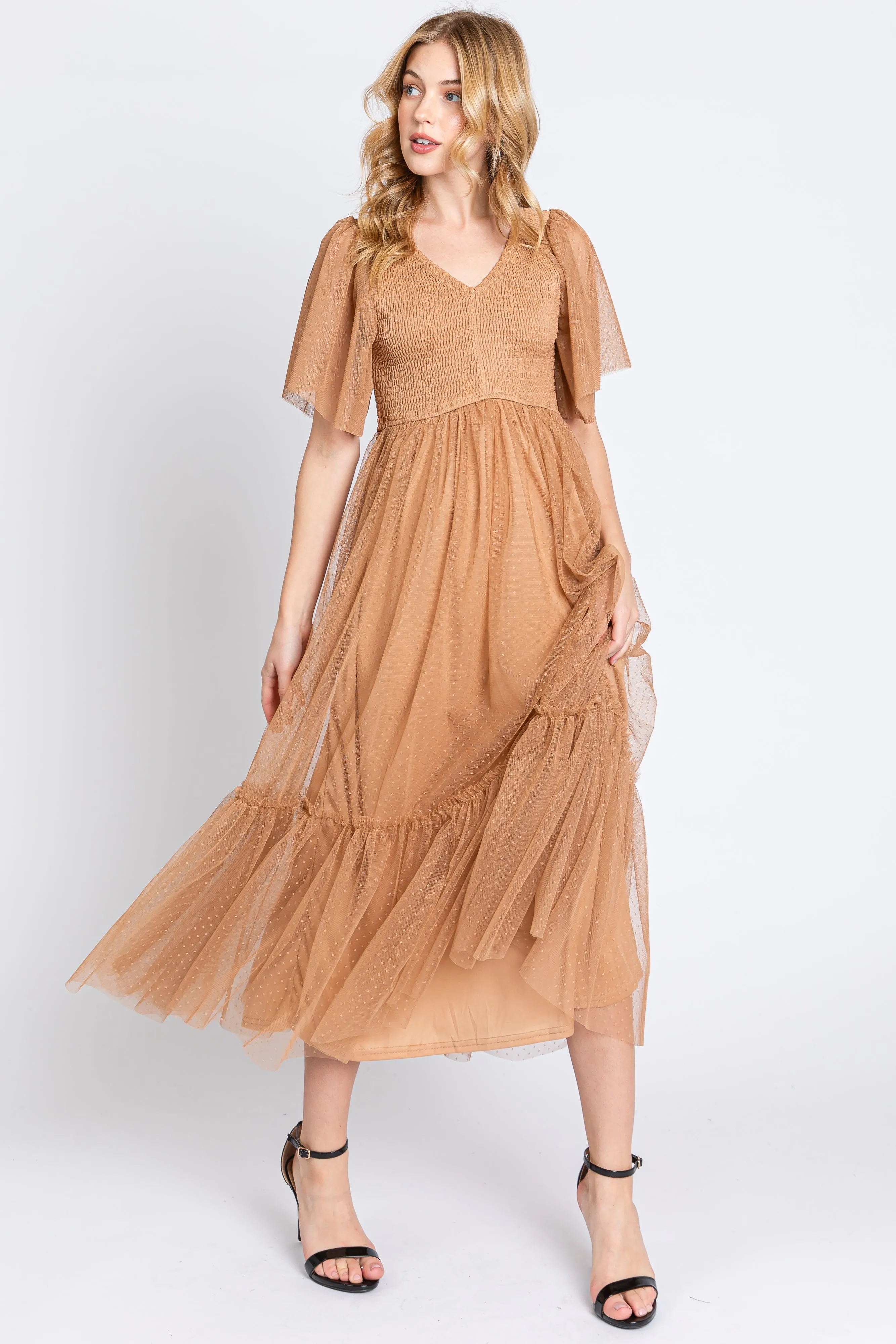 Camel Dotted Tulle Smocked Midi Dress sold by Pinkblush