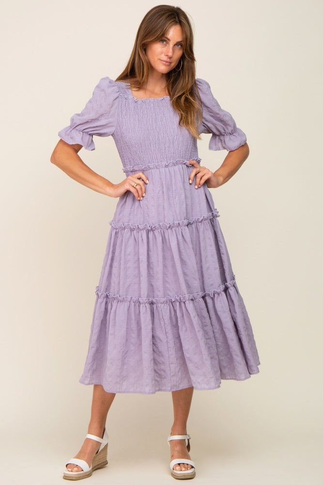 Lavender Smocked Puff Sleeve Tiered Midi Dress sold by Pinkblush product image thumbnail 4