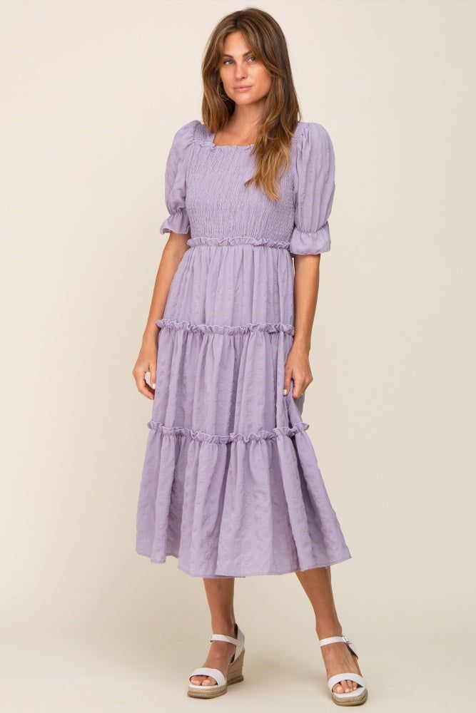Lavender Smocked Puff Sleeve Tiered Midi Dress sold by Pinkblush