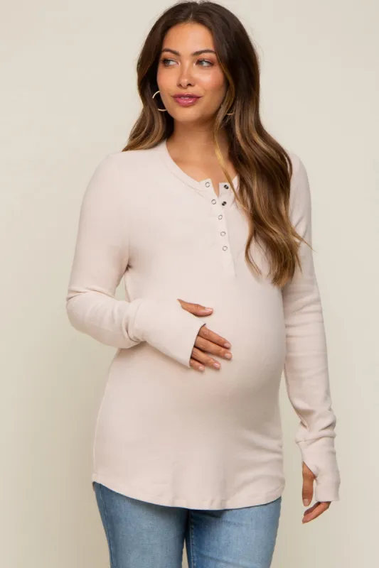 Cream Button Front Soft Knit Long Sleeve Henley Maternity Top sold by Pinkblush