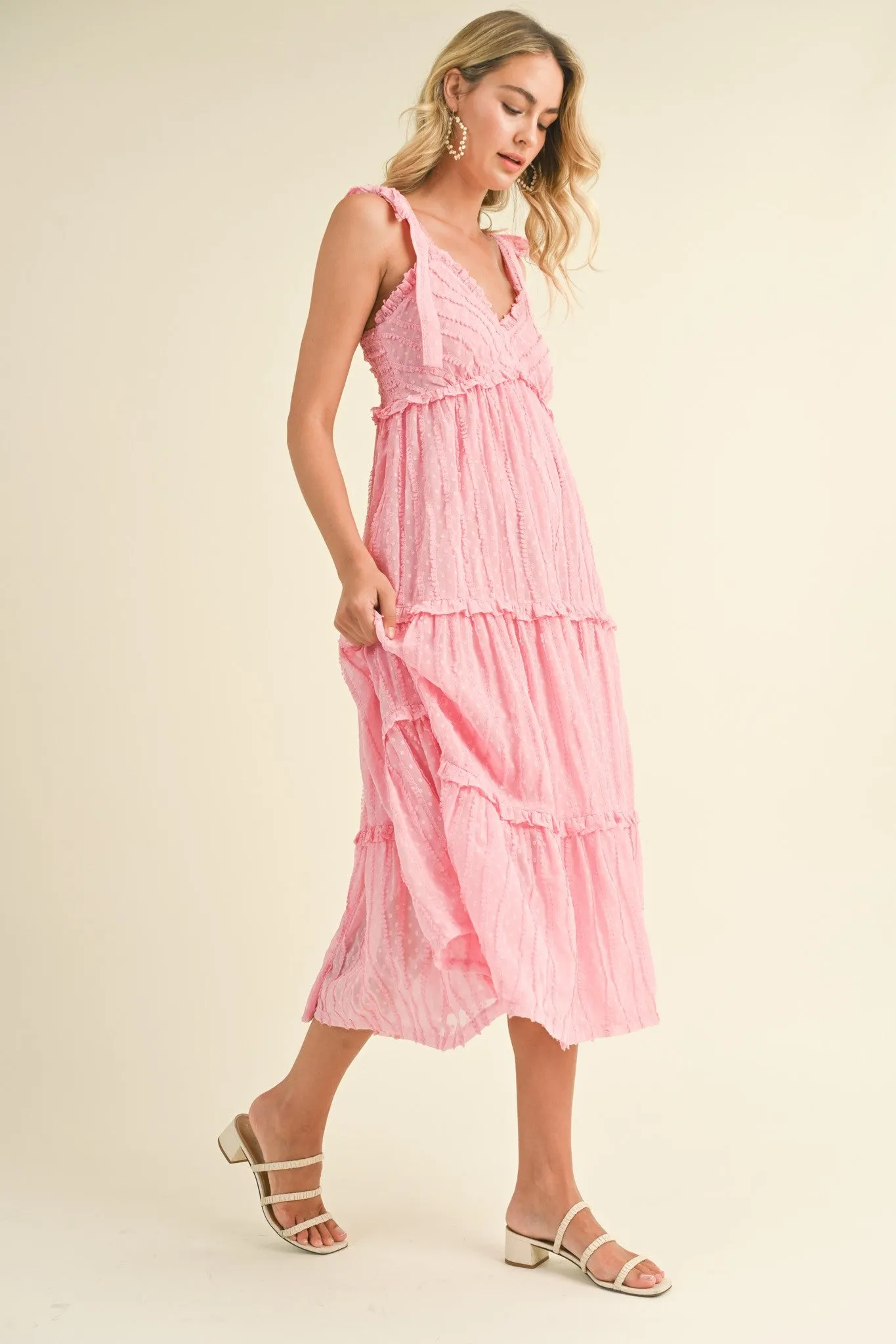 Pink Textured Tie Strap Tiered Midi Dress sold by Pinkblush product image thumbnail 2