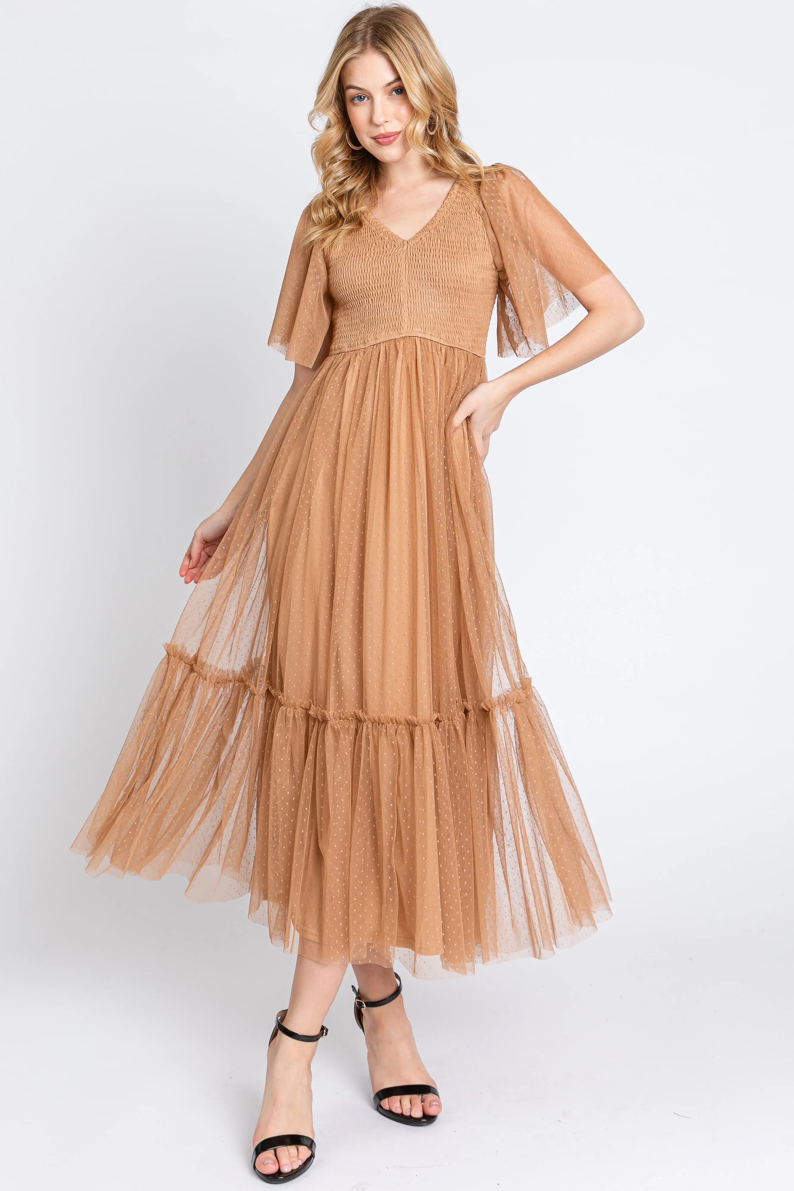 Camel Dotted Tulle Smocked Midi Dress sold by Pinkblush product image thumbnail 2