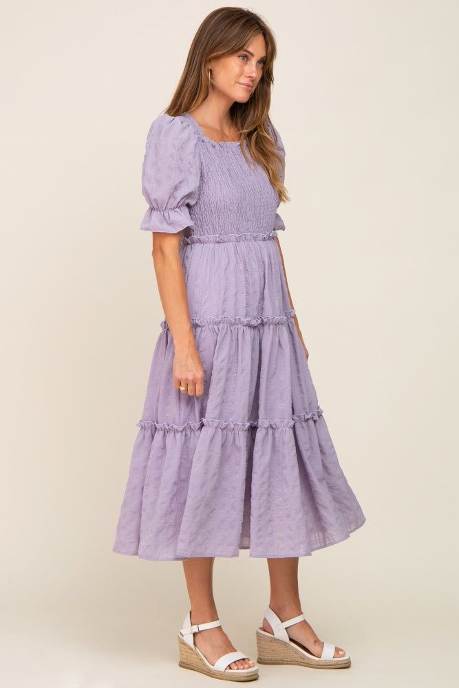 Lavender Smocked Puff Sleeve Tiered Midi Dress sold by Pinkblush product image thumbnail 2