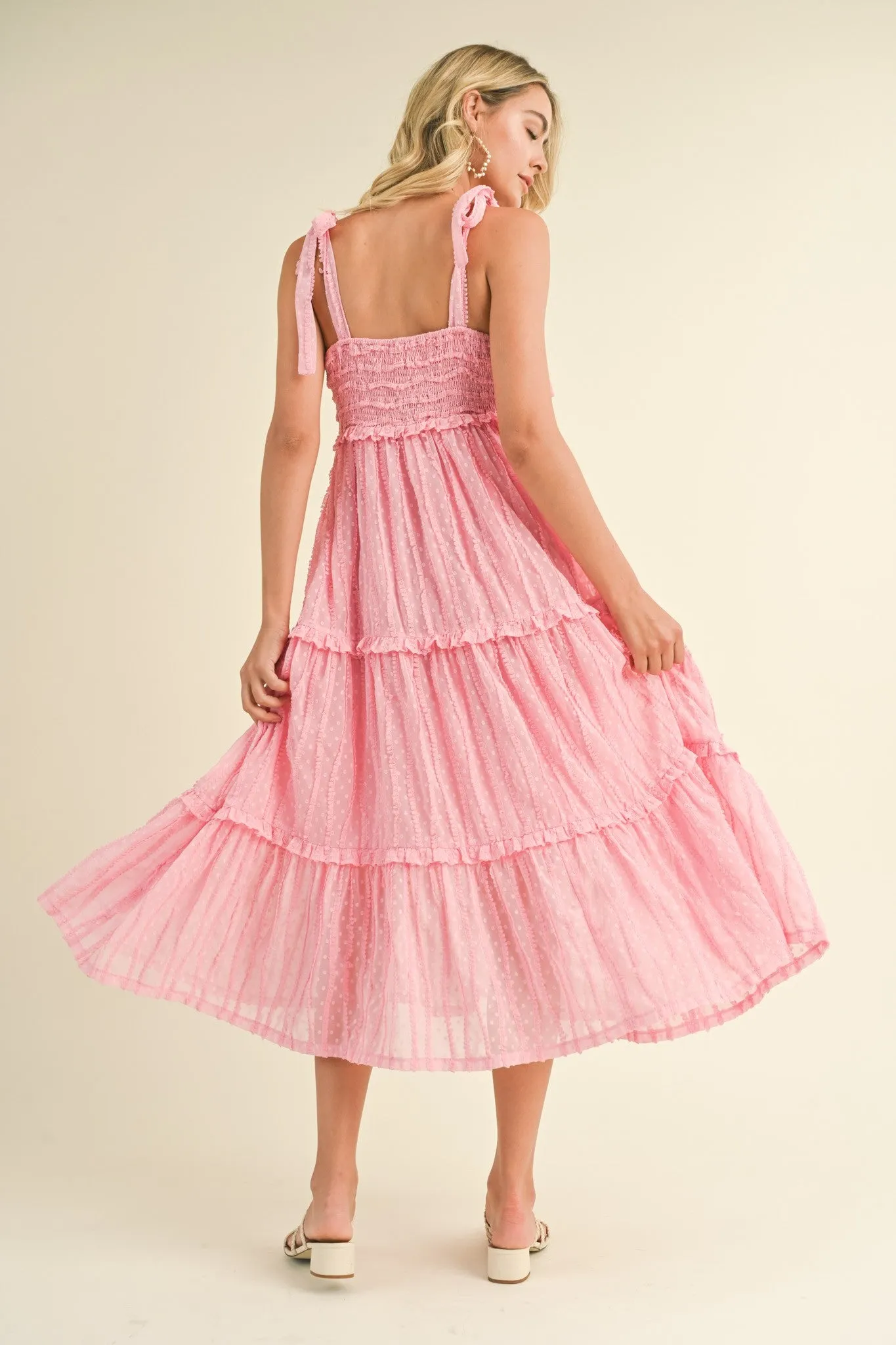Pink Textured Tie Strap Tiered Midi Dress sold by Pinkblush product image thumbnail 3